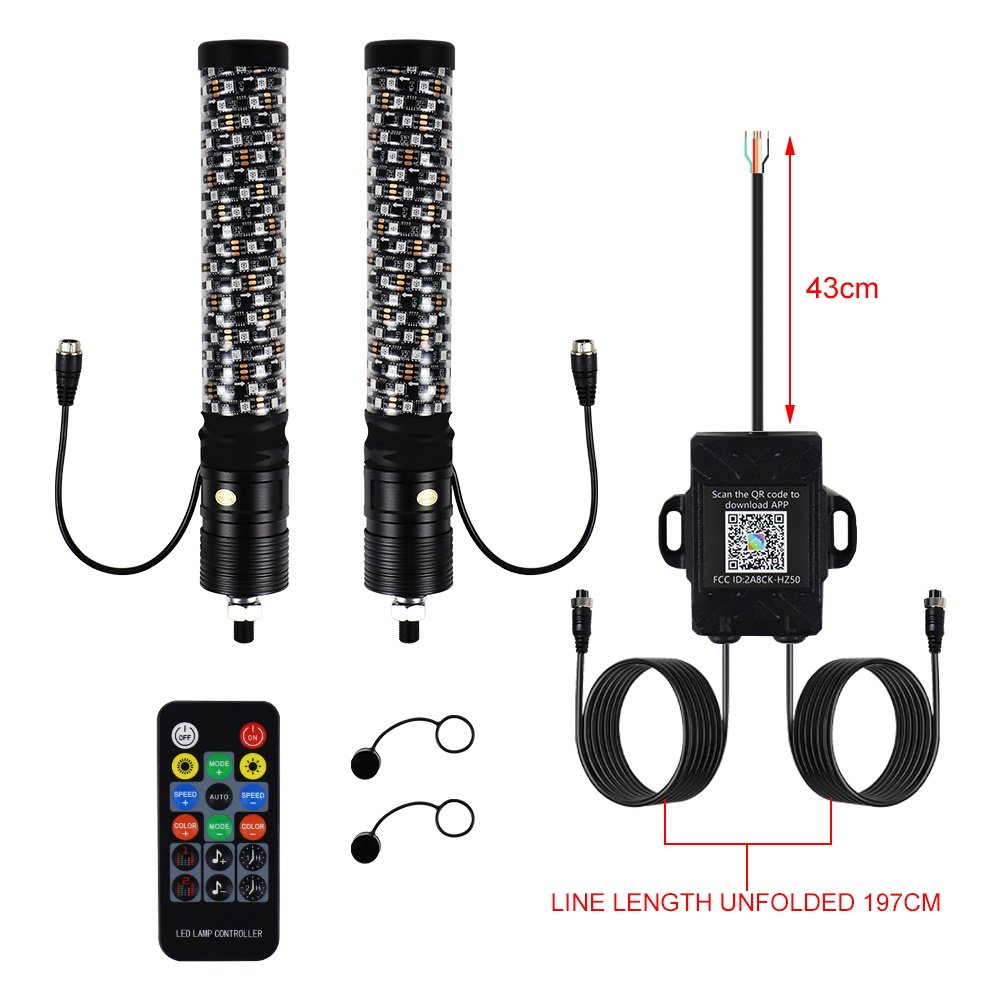 2PCS 1FT Spiral LED Fat Whip Light RGB Chasing Antenna Lighted Whips for UTV ATV Can-am X3 RZR