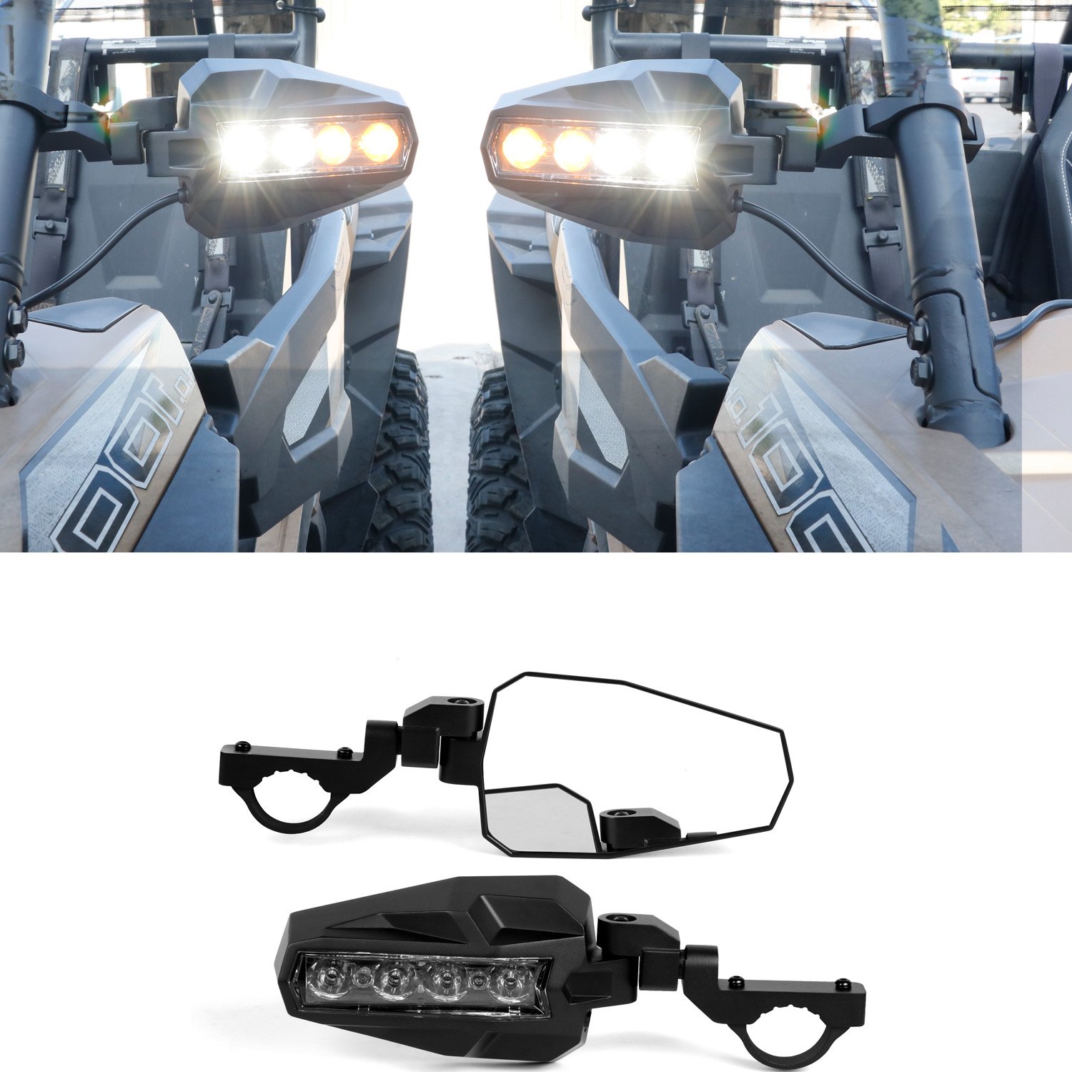 Best Offroad UTV ATV LED White Amber Light UTV Side View Mirrors Fit 1.6-2 Inch Roll Bar Best UTV Parts & Accessories