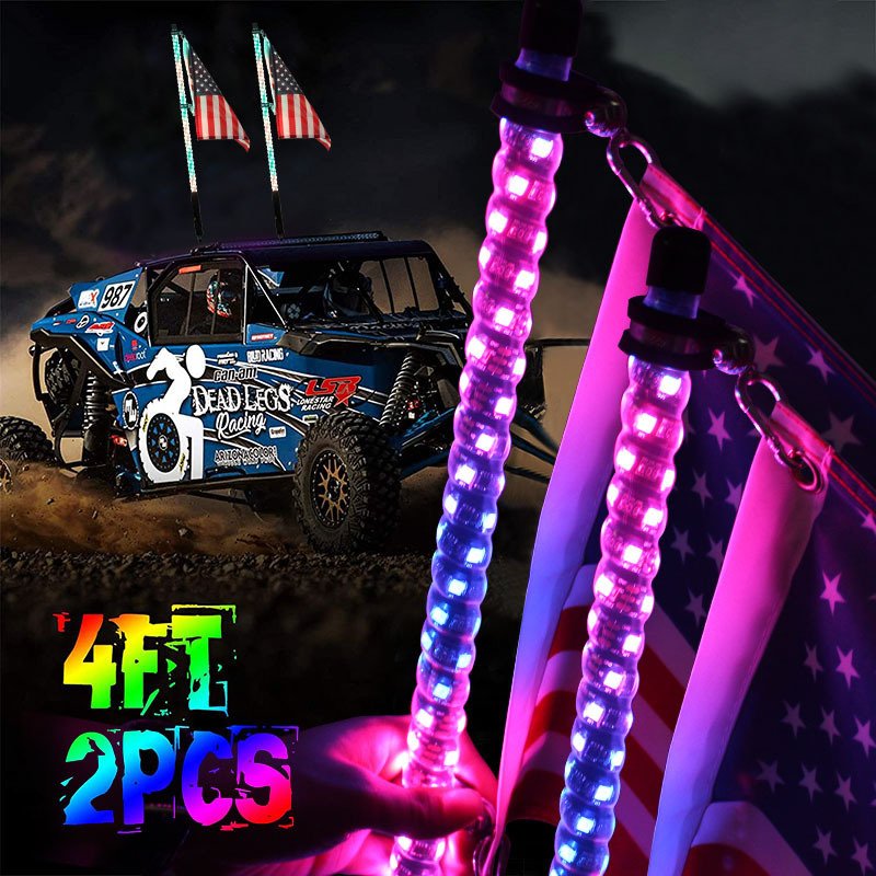 12V Motorcycle Car Lighted Spiral LED Whip 2/3/4/5/6FT Antenna WIth Flag LED Flagpole Lamp With Remote Control for Jeep ATV UTV