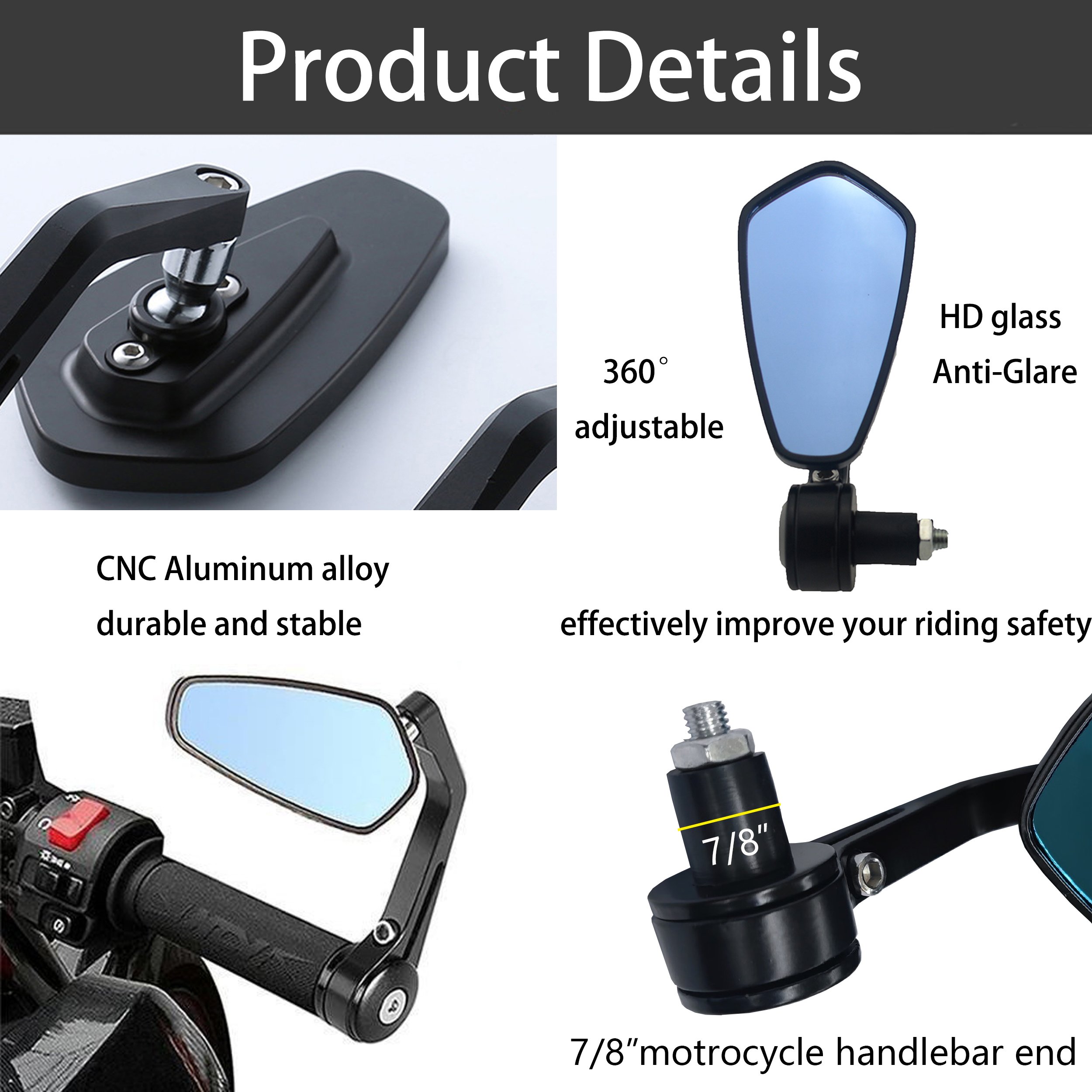 2x 7/8" 20mm Motorcycle Rear View Mirrors Anti-Glare HD Motorbike Handlebar End Side Mirror for Scooters ATV Bike Motorcycles