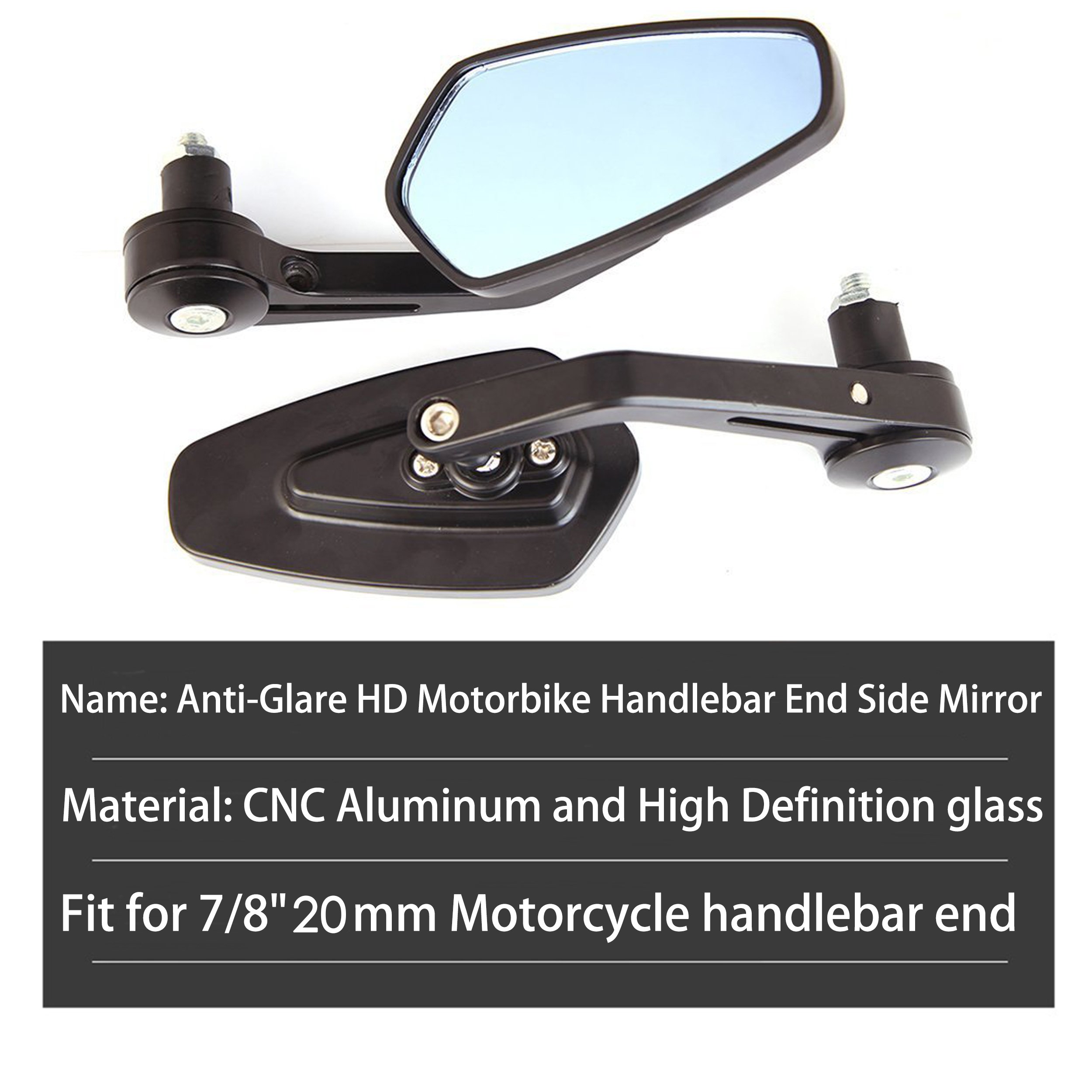 2x 7/8" 20mm Motorcycle Rear View Mirrors Anti-Glare HD Motorbike Handlebar End Side Mirror for Scooters ATV Bike Motorcycles