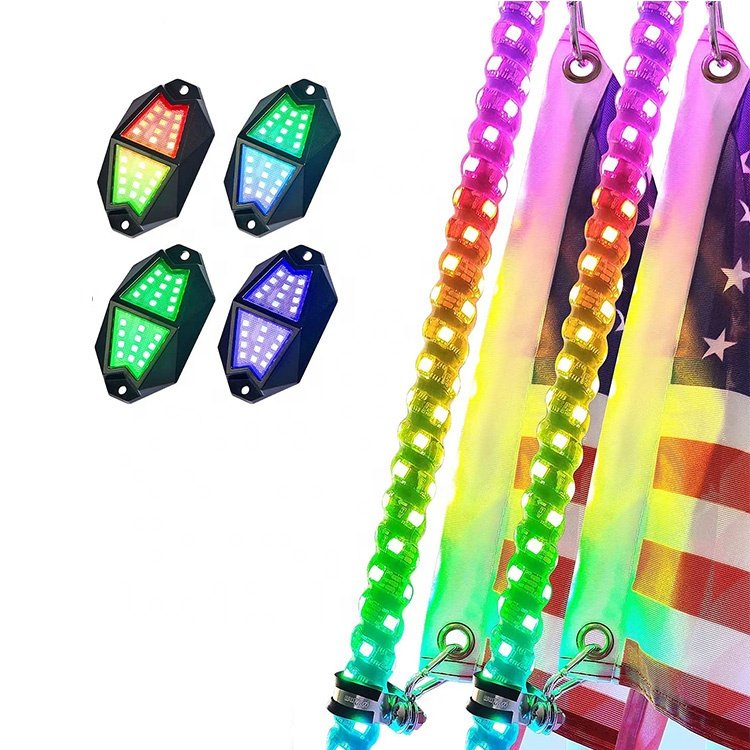 Music Active LED Whip 3ft 4ft and Rock Light Kit 4 8 12 Pods Kit for Polaris RZR Can Am UTV ATV Buggy APP Control Whip