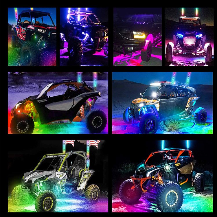 Music Active LED Whip 3ft 4ft and Rock Light Kit 4 8 12 Pods Kit for Polaris RZR Can Am UTV ATV Buggy APP Control Whip