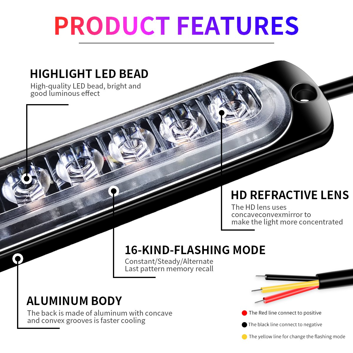 6 LED Strobe Warning Emergency Flashing Light Caution Construction Hazard Light Bar for Truck Van Off Road ATV SUV Surface Mount