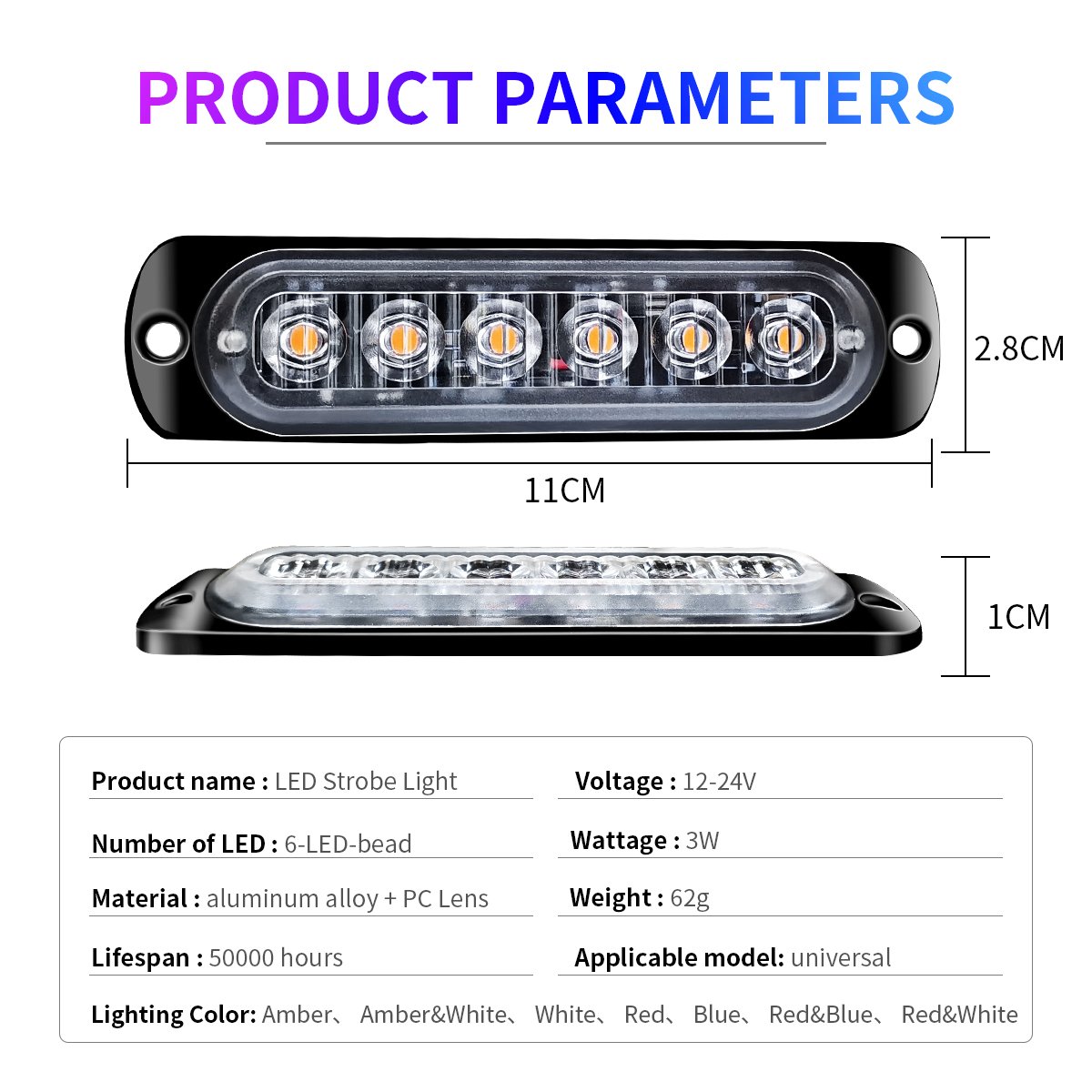 6 LED Strobe Warning Emergency Flashing Light Caution Construction Hazard Light Bar for Truck Van Off Road ATV SUV Surface Mount