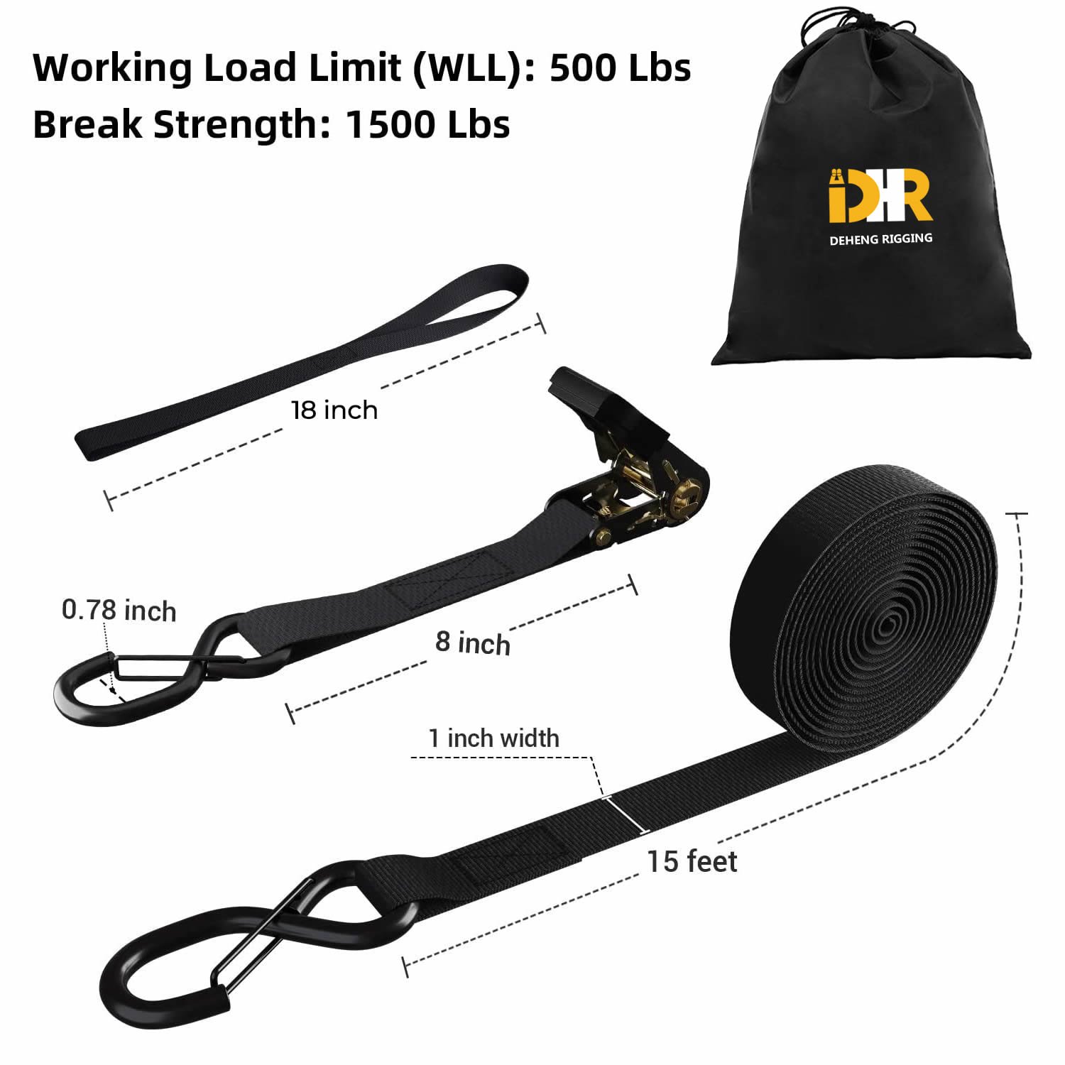 Manufacturers Wholesale 1" Inch Black Ratchet Tie Down Straps with Safety Clip S Hooks & Soft Loop for Motorcycle