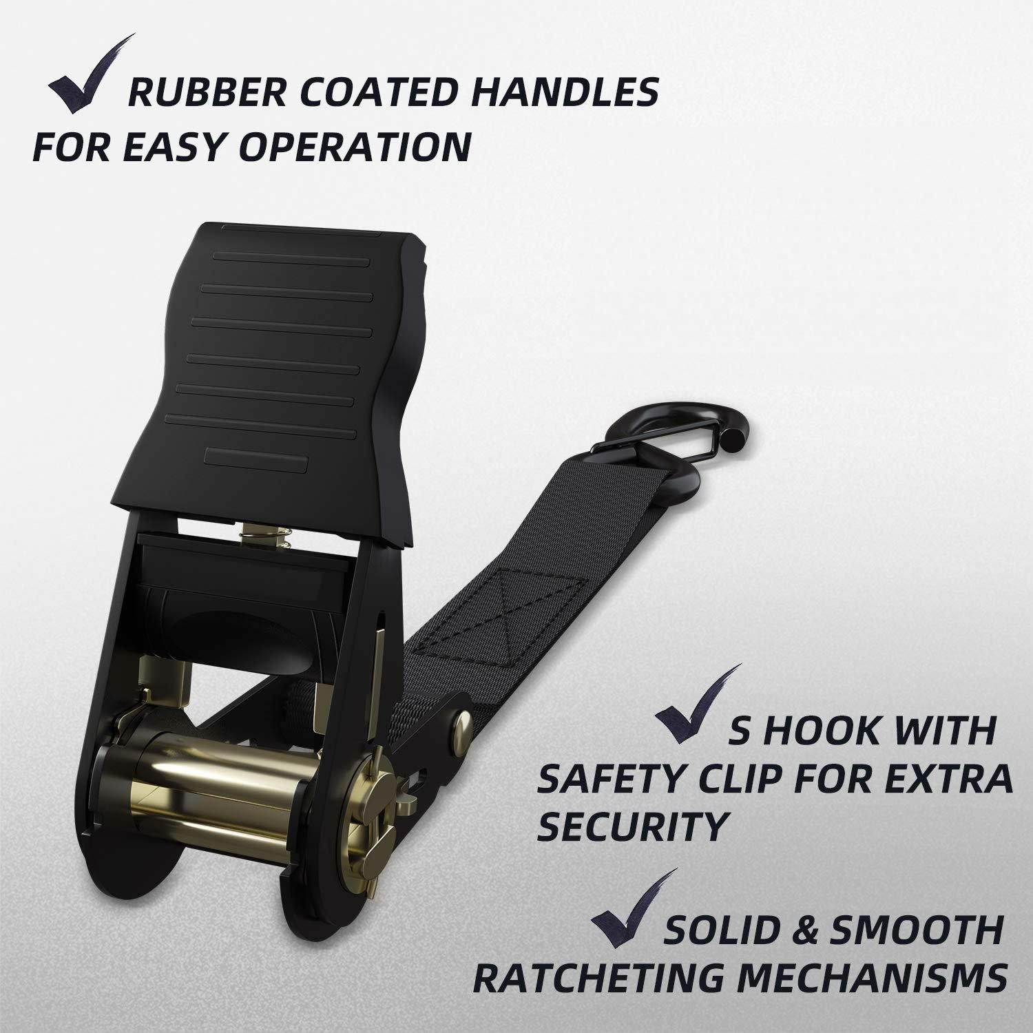 Manufacturers Wholesale 1" Inch Black Ratchet Tie Down Straps with Safety Clip S Hooks & Soft Loop for Motorcycle