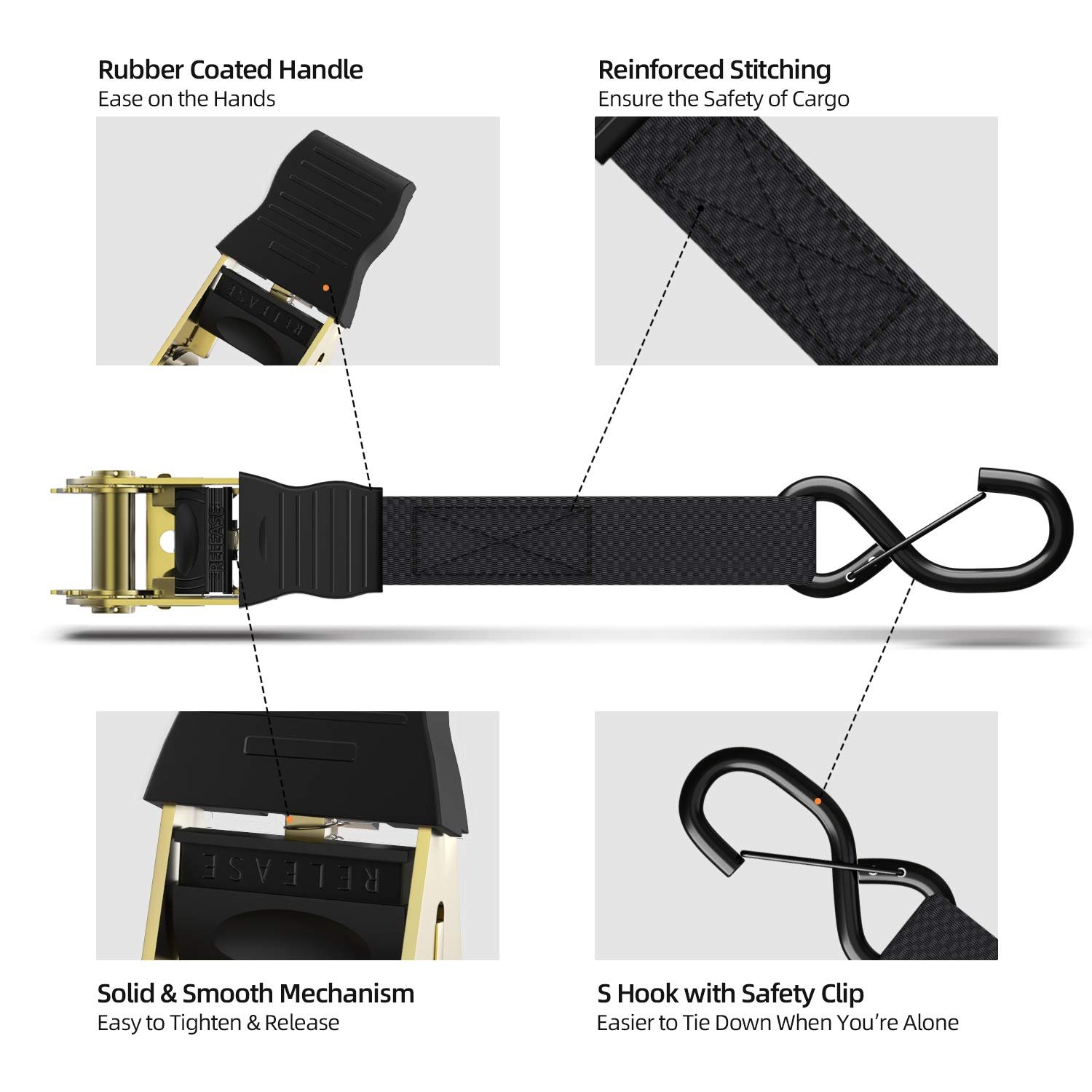 Manufacturers Wholesale 1" Inch Black Ratchet Tie Down Straps with Safety Clip S Hooks & Soft Loop for Motorcycle