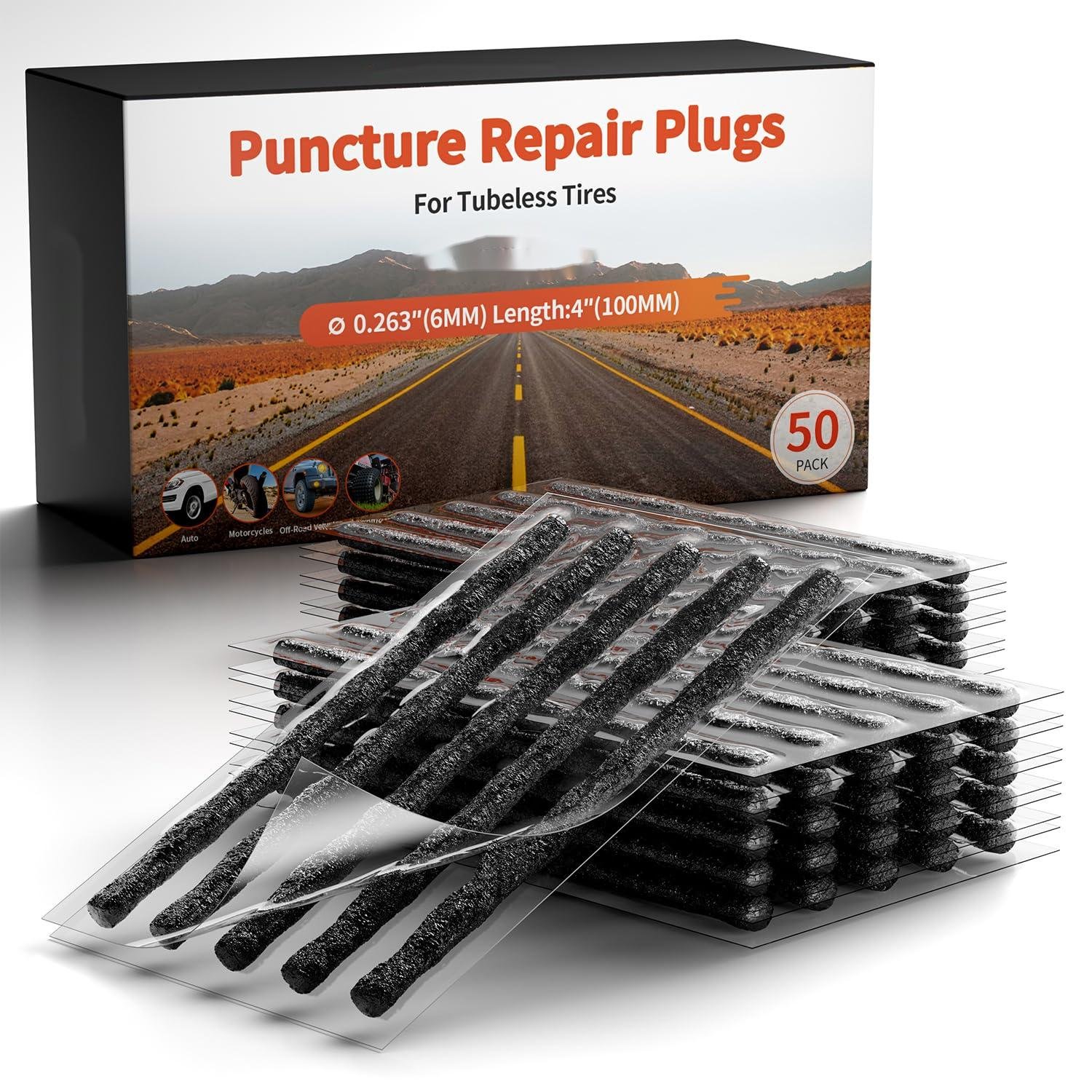 Tire Plugs Heavy Duty (4", 50 Pack) - 1/4" (6mm) Tubeless Tire Plugs for Car, ATV/UTV,