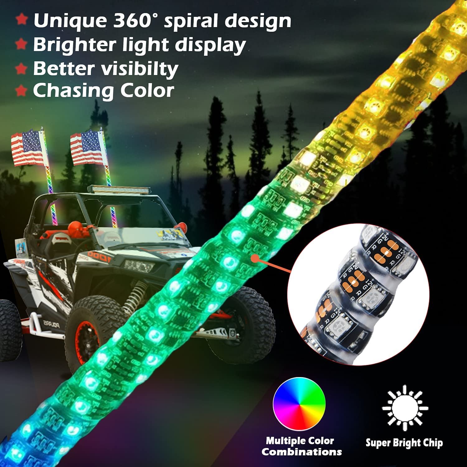 Waterproof Remote Control 3ft 4ft 5ft Rgb Chasing Flowing Spiral Led Antena Whip Light for Off-road SUV ATV UTV Polaris RZR 4X4