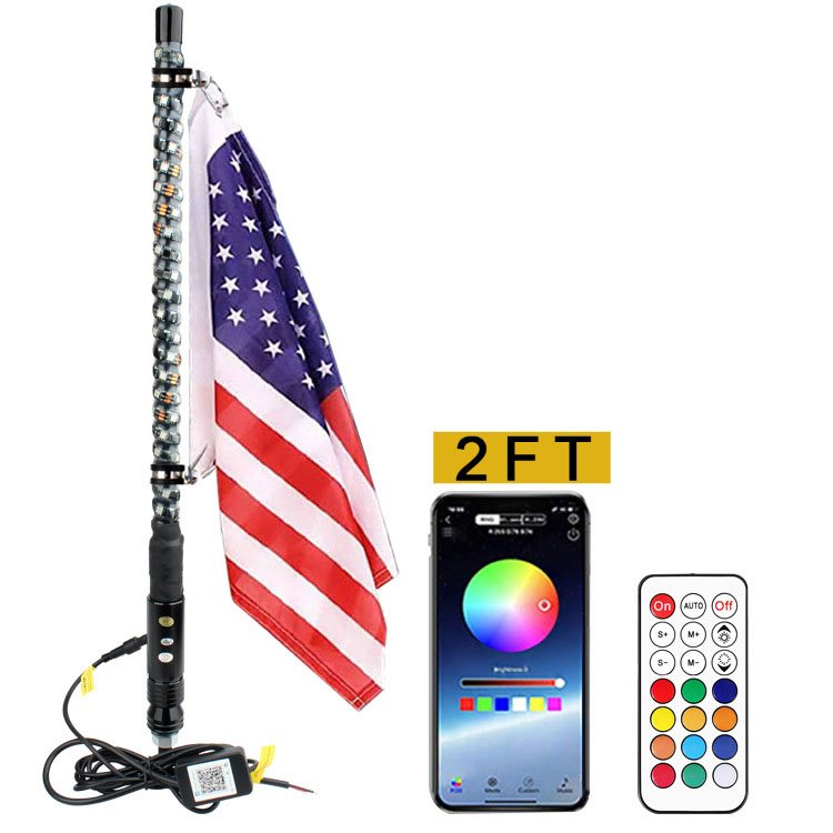 Auto Thick Whip Light 1ft 2ft 3ft With Chasing Color by APP and Remote Control Thick Pole Antenna for ATV UTV Can Am