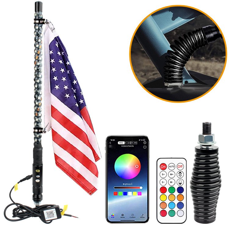 Auto Thick Whip Light 1ft 2ft 3ft With Chasing Color by APP and Remote Control Thick Pole Antenna for ATV UTV Can Am