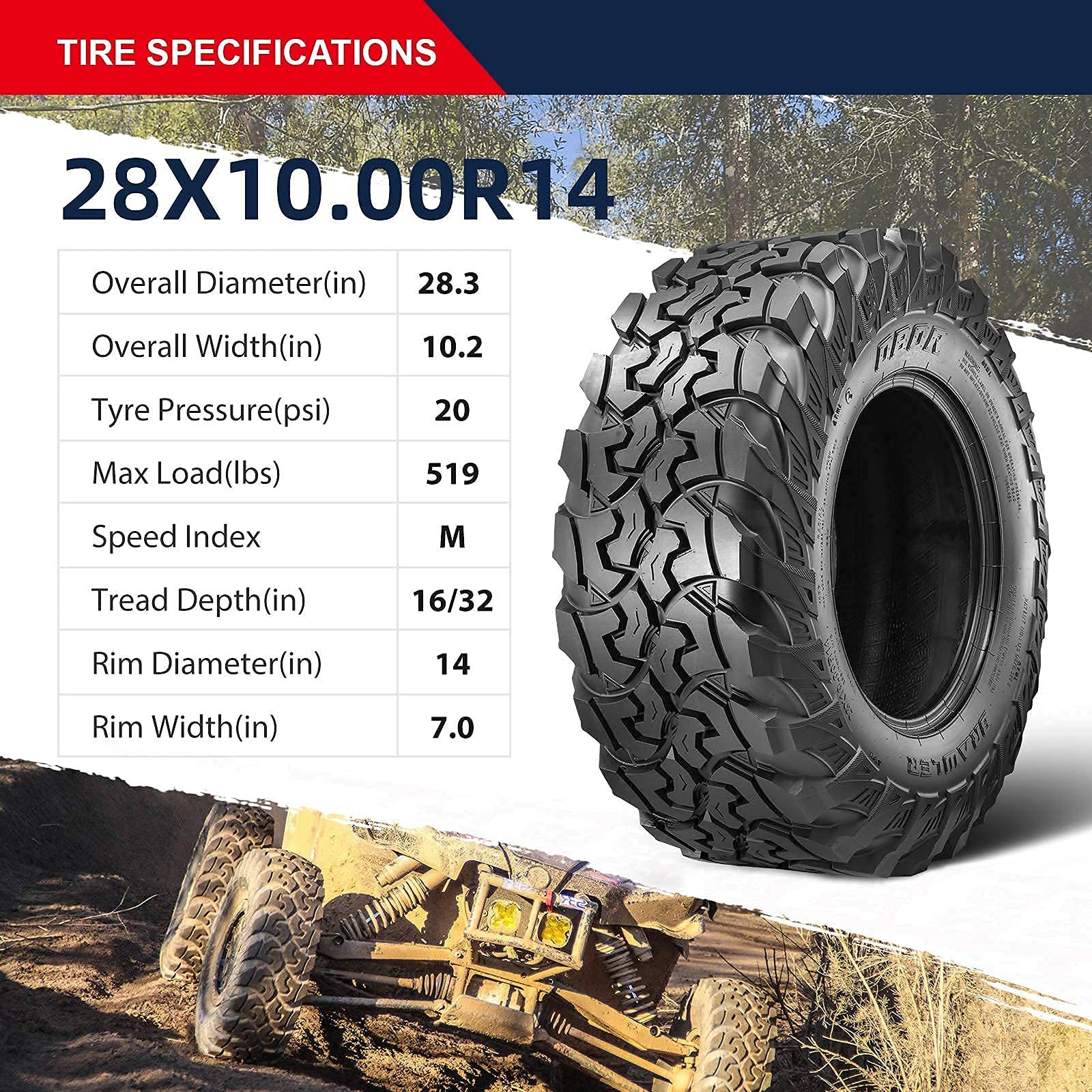 OBOR BRAWLER UTV Tires 28x10R14 10 Ply 30x10-R14 32x10-R14 Front/Rear Radial Tires for UTV SxS Side by Side ATV and UTV Tires