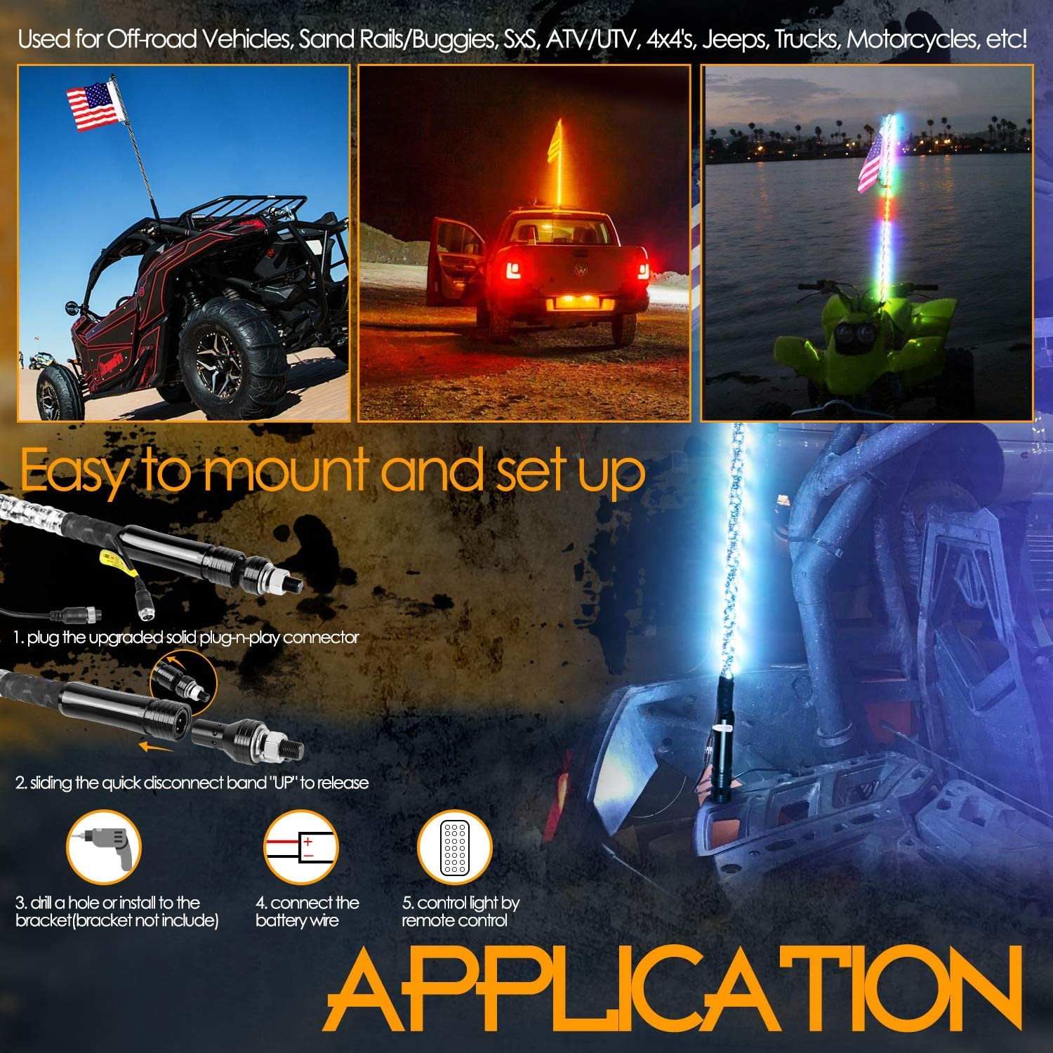 5050 Warning Atv Truck Whip It Flag Led Blu-tooths Lighted Stick Antenna Whip Lights for Side Light by Side Atv Flag
