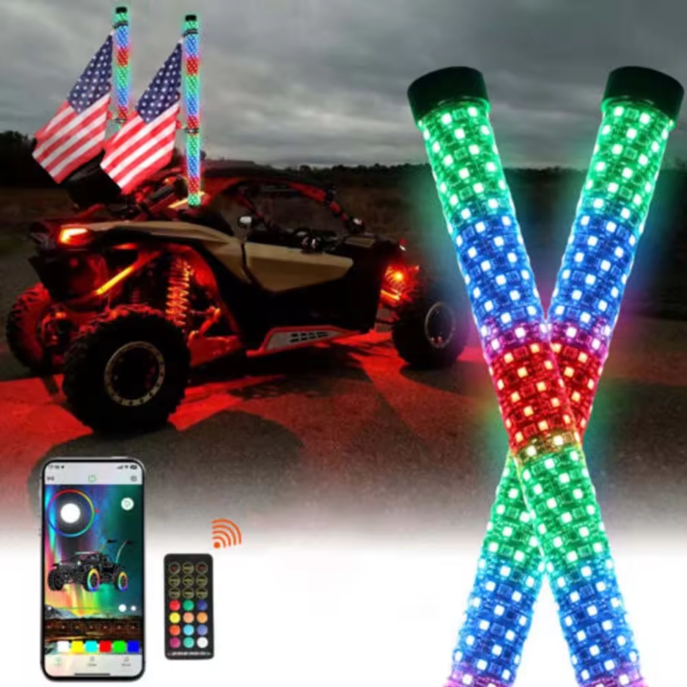 2ft 3ft Fat Whip Light RGB Chasing Dancing APP and Remote Control Spiral LED Whip Light for UTV ATV Truck