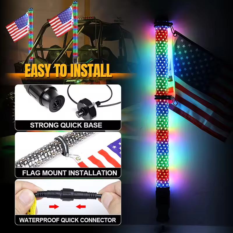 2ft 3ft Fat Whip Light RGB Chasing Dancing APP and Remote Control Spiral LED Whip Light for UTV ATV Truck