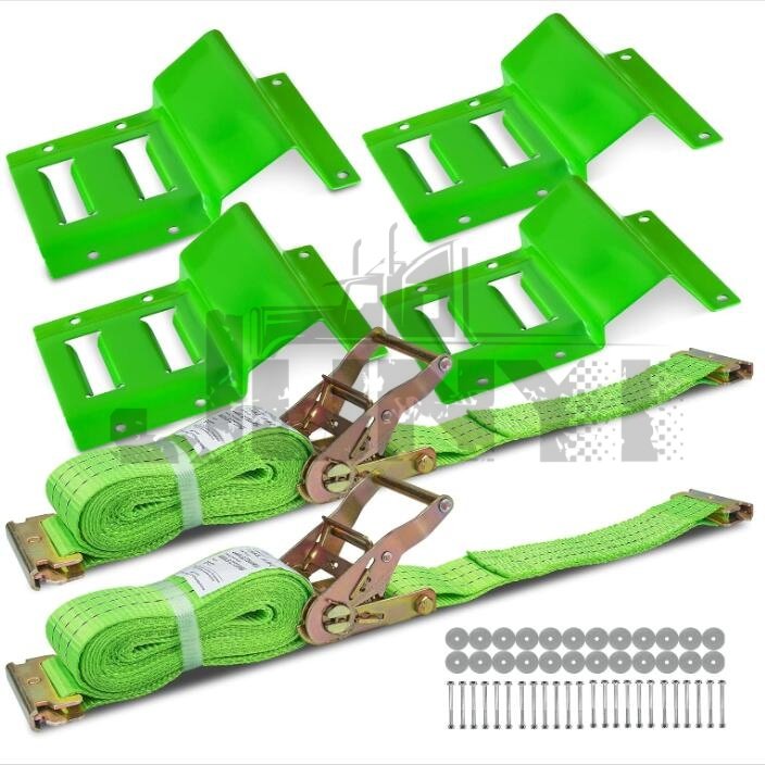 2 Pack Green 2" X 7' Straps Tie Down with Ratchet Trailer Tire Straps E-track Wheel Chock Tie Down Kit for ATV