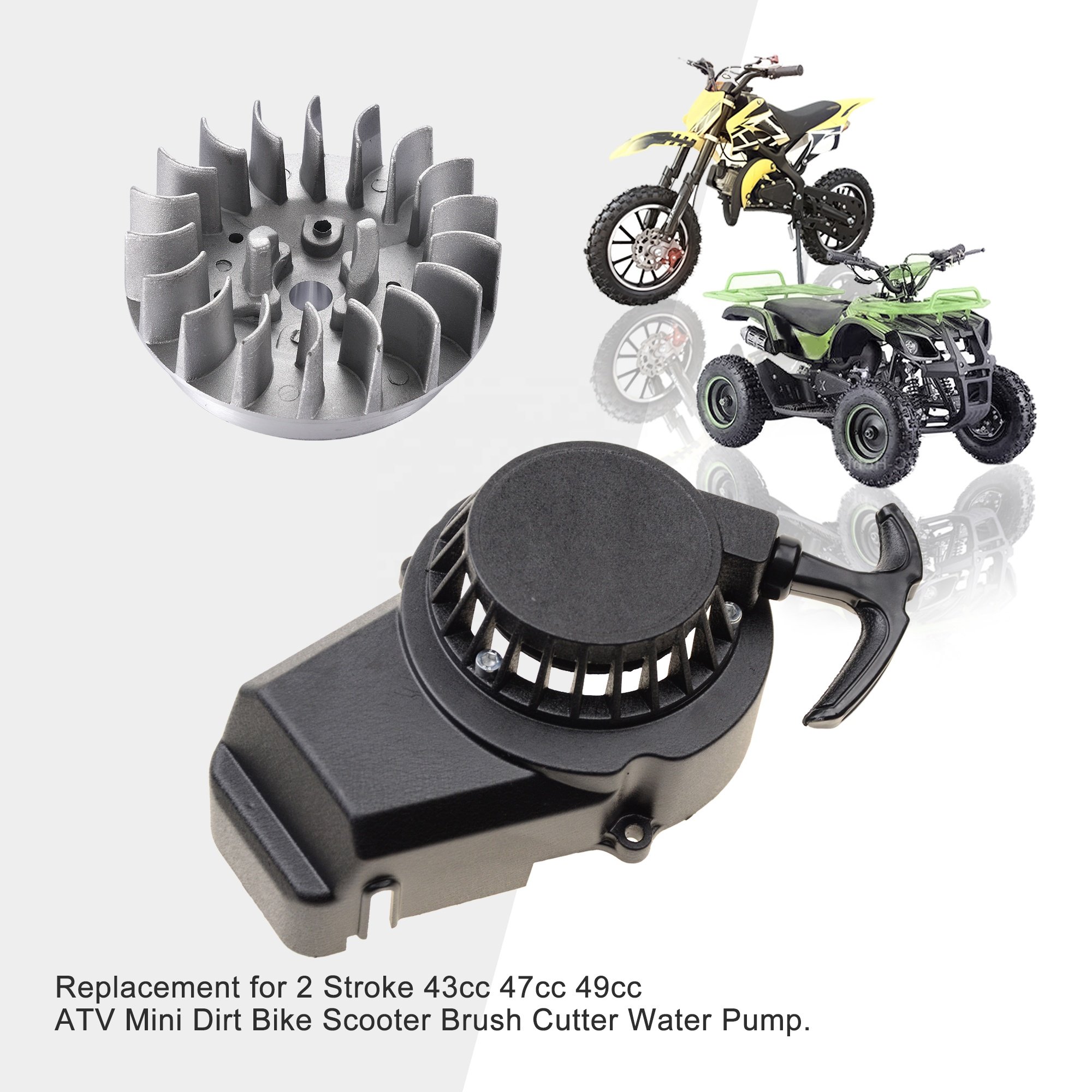 GOOFIT Black Alloy Pull Start Recoil Starter With 18-inch Flywheel Replacement for 47cc 49cc Pocket Off-road Bike Mini ATV