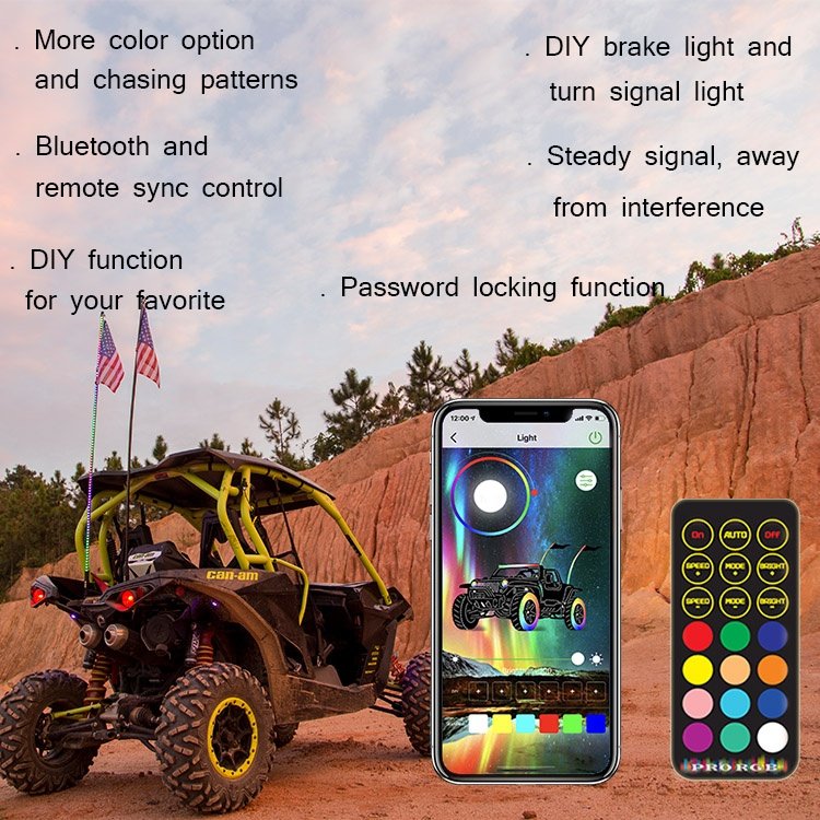 Remote Control Antenna Whip Lamp Accessories Spiral Chasing LED Whip Lights for UTV Off- Road Vehicle ATV