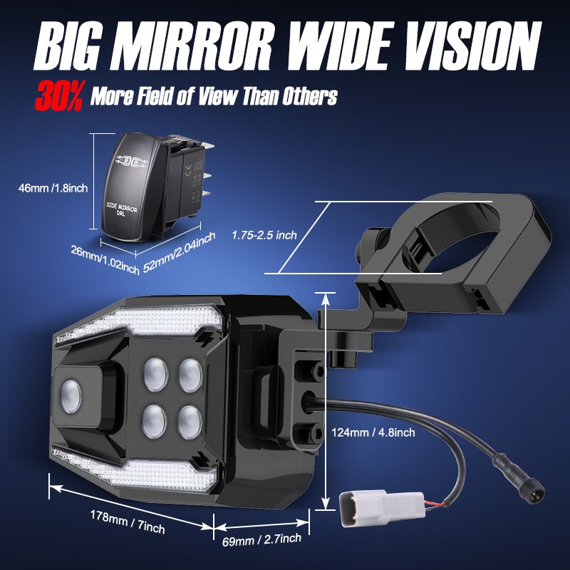 DRL and Amber Turn Signal Light ATV UTV LED Side Rear View Mirror Lights Fit for 1.75 to 2 Inch Can Am X3 Roll Cage Bar
