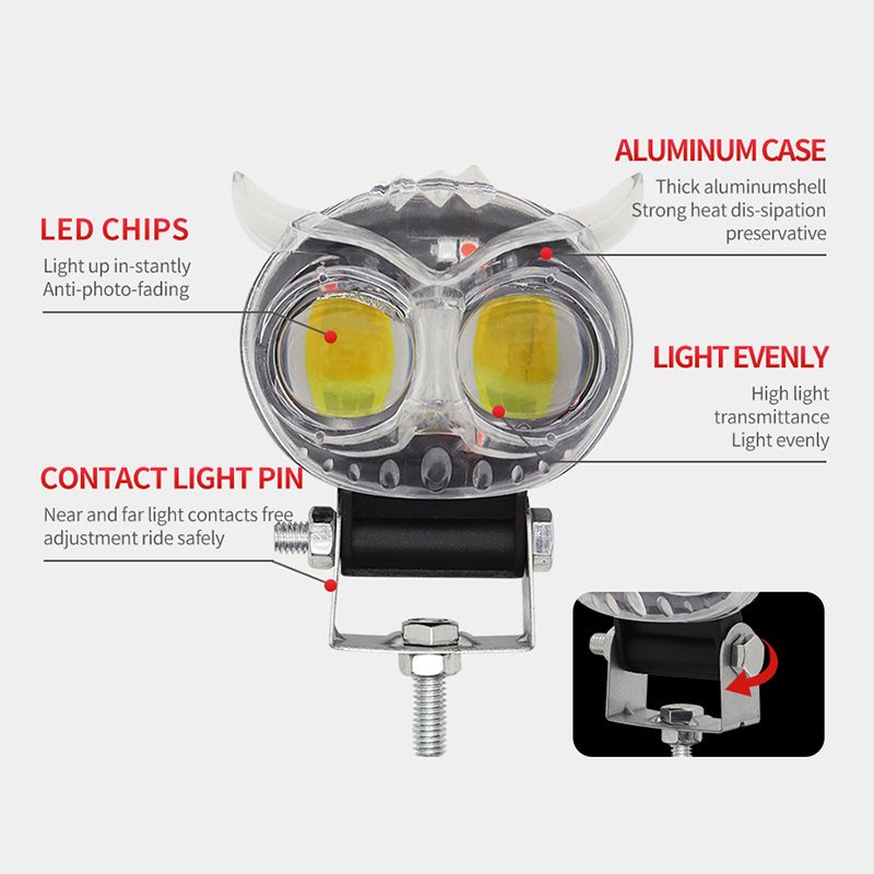 Motorcycle LED Lens Spotlight White Yellow Red Blue Owl Light Flash Auxiliary Fog Lamp Double Lenses for Motorcycle ATV Buggy