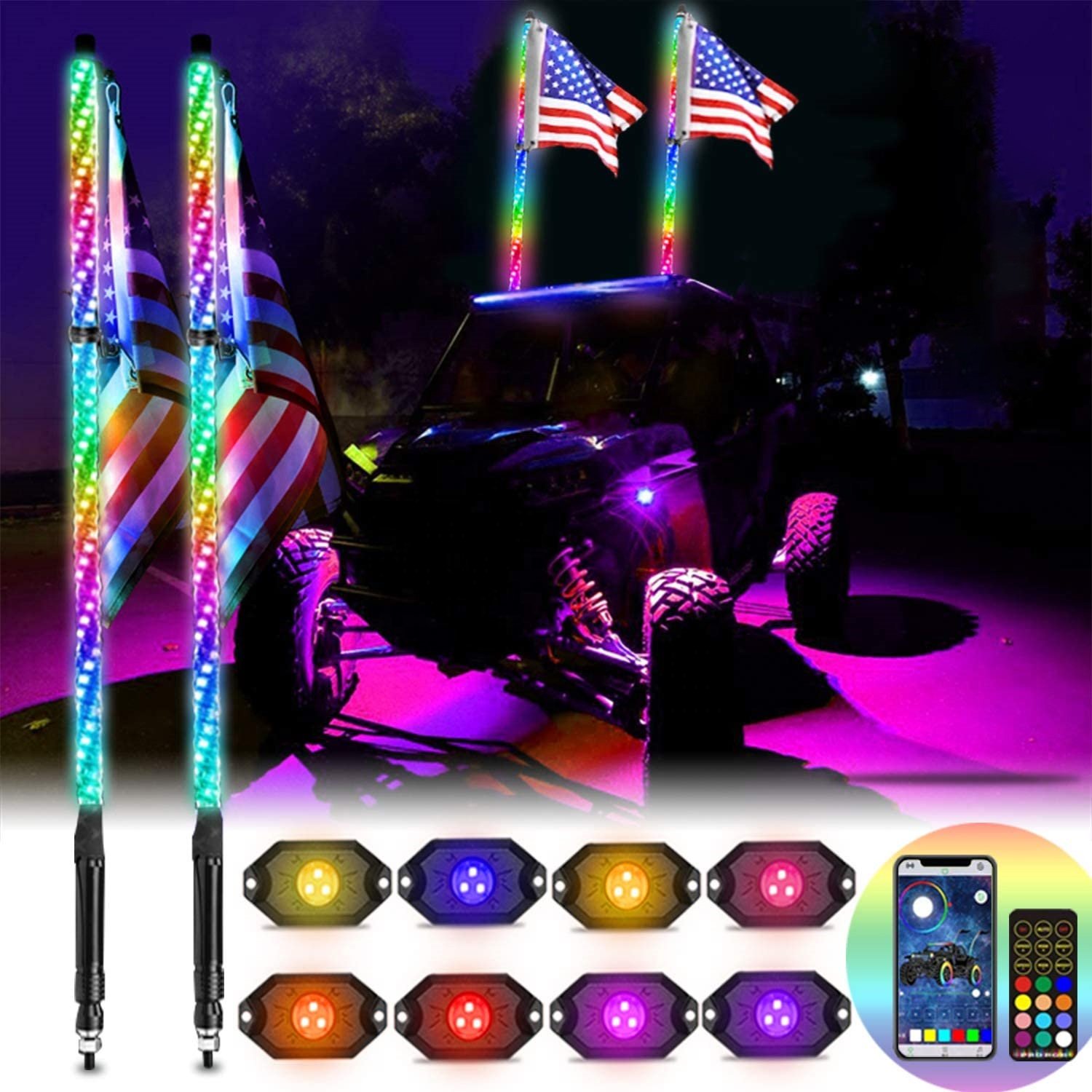 RGB LED Rock Lights Kit, 4 Pods with Bluetooth App Control, for Truck ATV UTV, BMF Brand