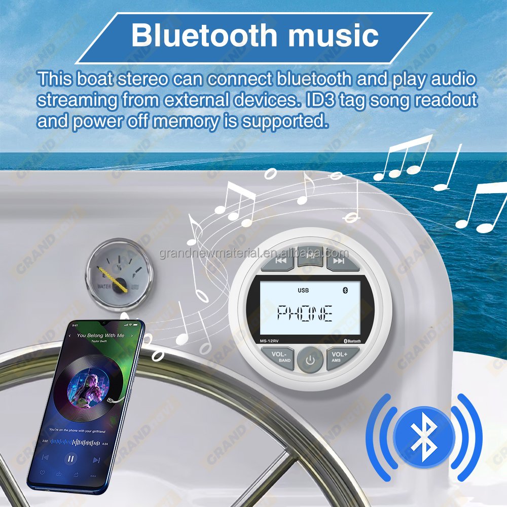 GRANDnavi White Marine Stereo Boat Audio BT IPX5 Waterproof FM AM Digital Marine Media Audio Player for Yacht Gauge ATV UTV Cart