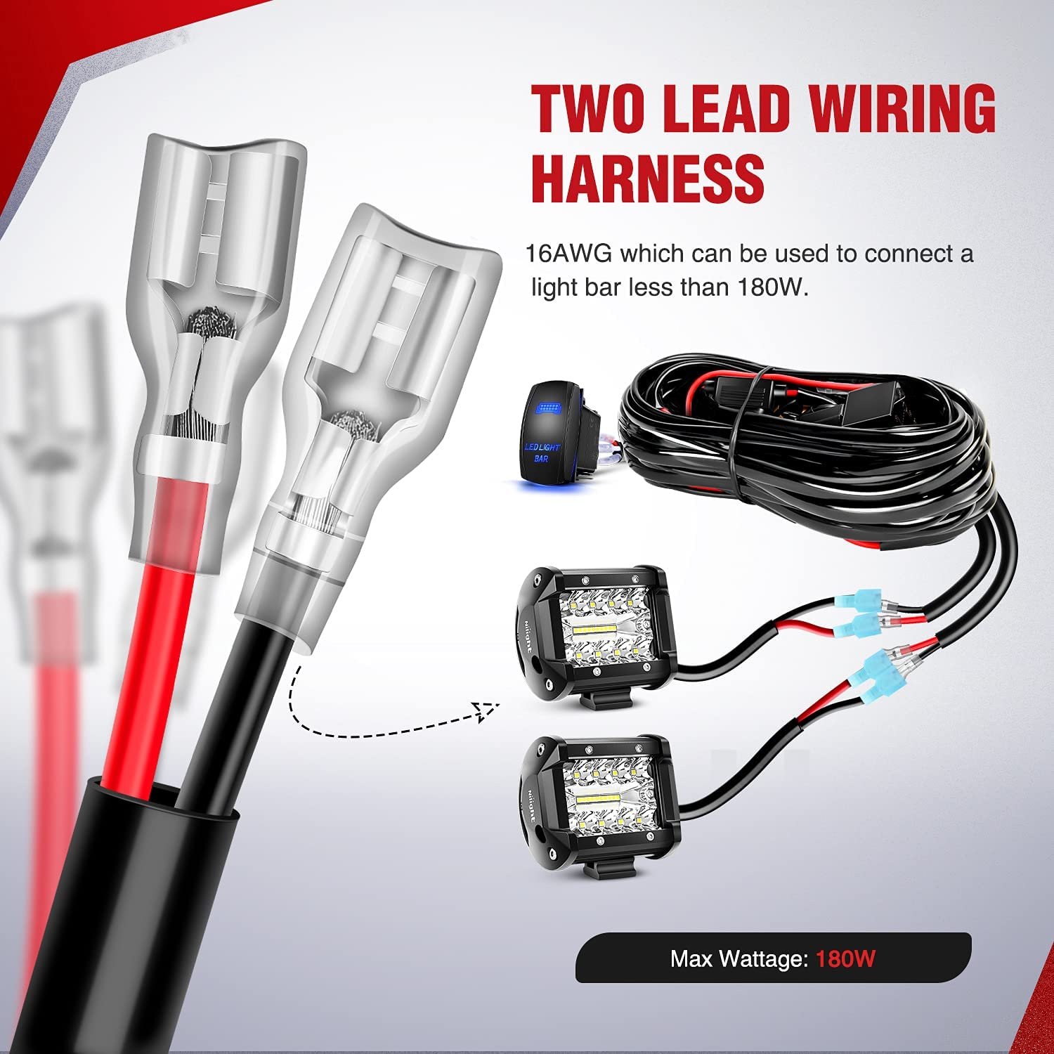 16AWG Wiring Harness Kit-2 Leads LED Light Bar 12V On/Off 5 Pin Rocker Switch Power Relay Blade Fuse for UTV/ATV