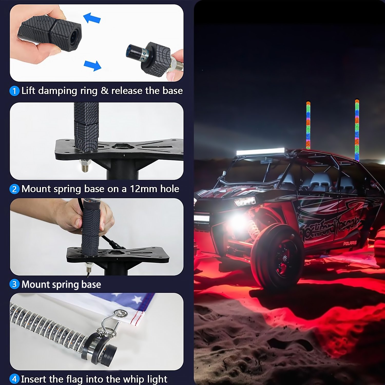 Super Bright 1.75 Inch Fat COB Led Whip Antenna Spiral Chase Fatty LED Whip Light for Side by Side RZR Can Am Polaris UTV ATV