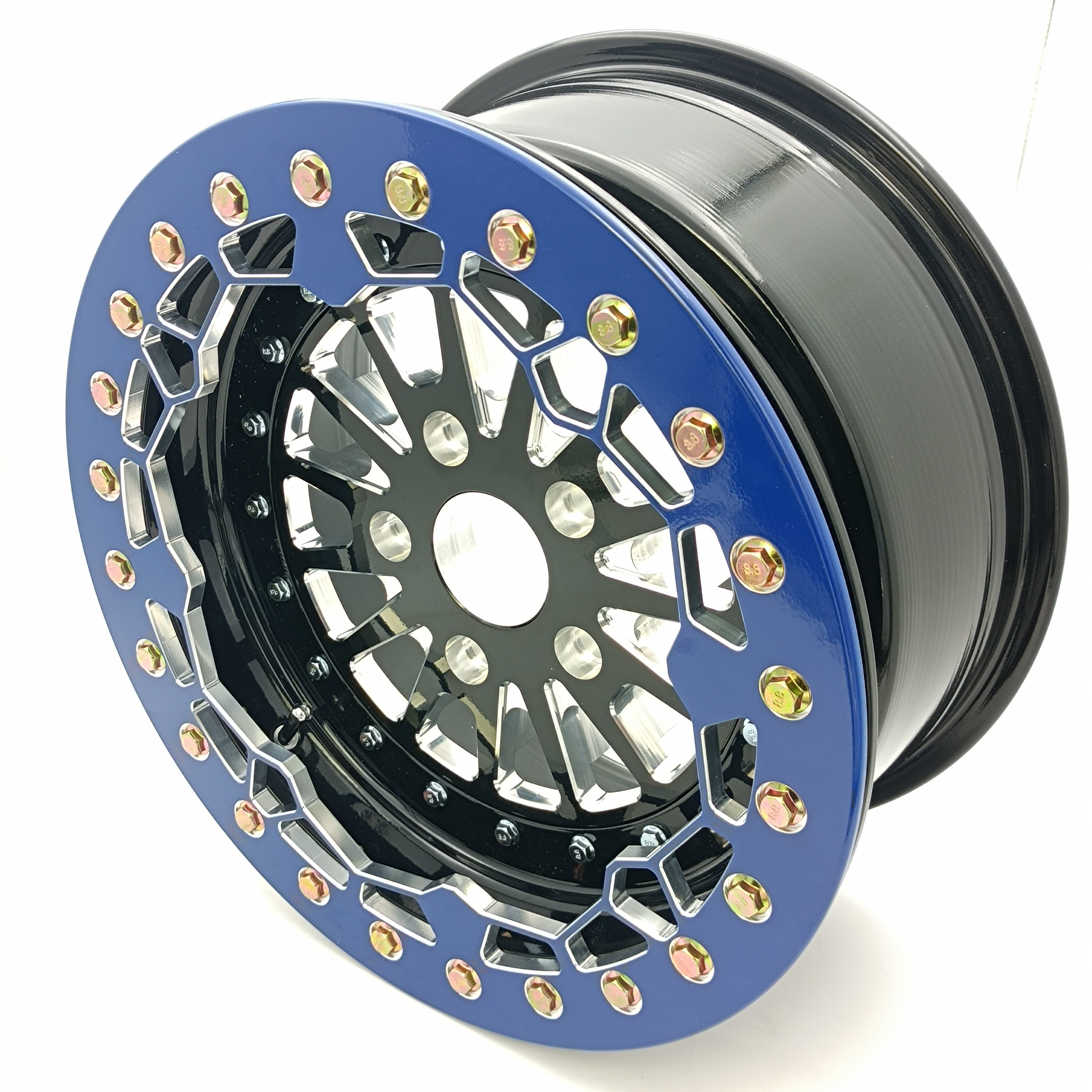 Side by Sides 4x4 ATV UTV Parts 15x7 5+2 5/114.3 UTV Wheels Rims 15inch 3 Piece Blue Beadlock Wheels for Polaris RZR Pro