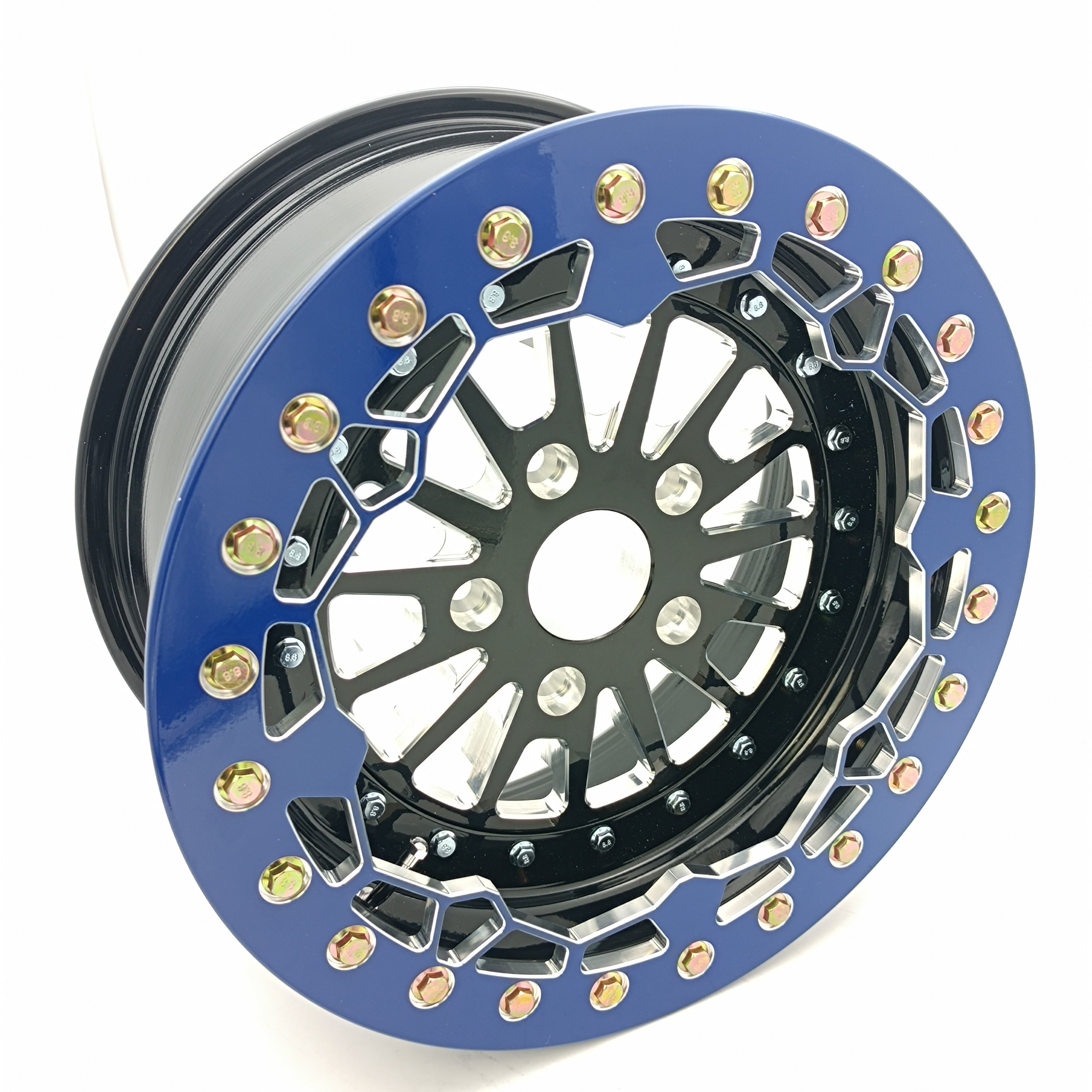 Side by Sides 4x4 ATV UTV Parts 15x7 5+2 5/114.3 UTV Wheels Rims 15inch 3 Piece Blue Beadlock Wheels for Polaris RZR Pro