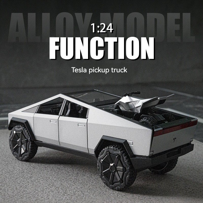 Diecast Alloy Model Car 1:24 T Cybertruck Pickup Alloy Car Model with Sound and Light Pullback with ATV Decorate Metal Model
