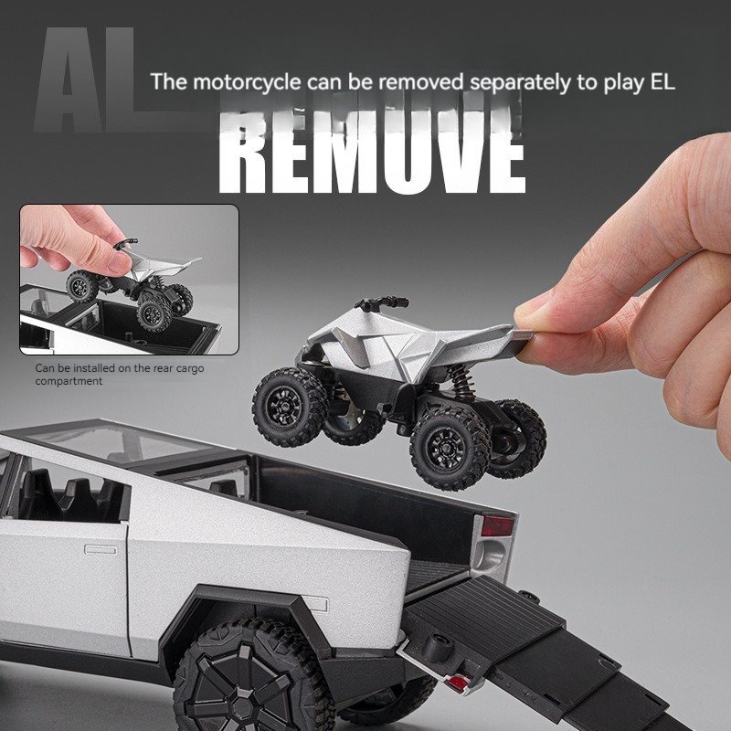 Diecast Alloy Model Car 1:24 T Cybertruck Pickup Alloy Car Model with Sound and Light Pullback with ATV Decorate Metal Model