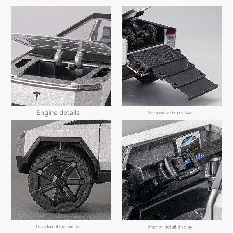 Diecast Alloy Model Car 1:24 T Cybertruck Pickup Alloy Car Model with Sound and Light Pullback with ATV Decorate Metal Model