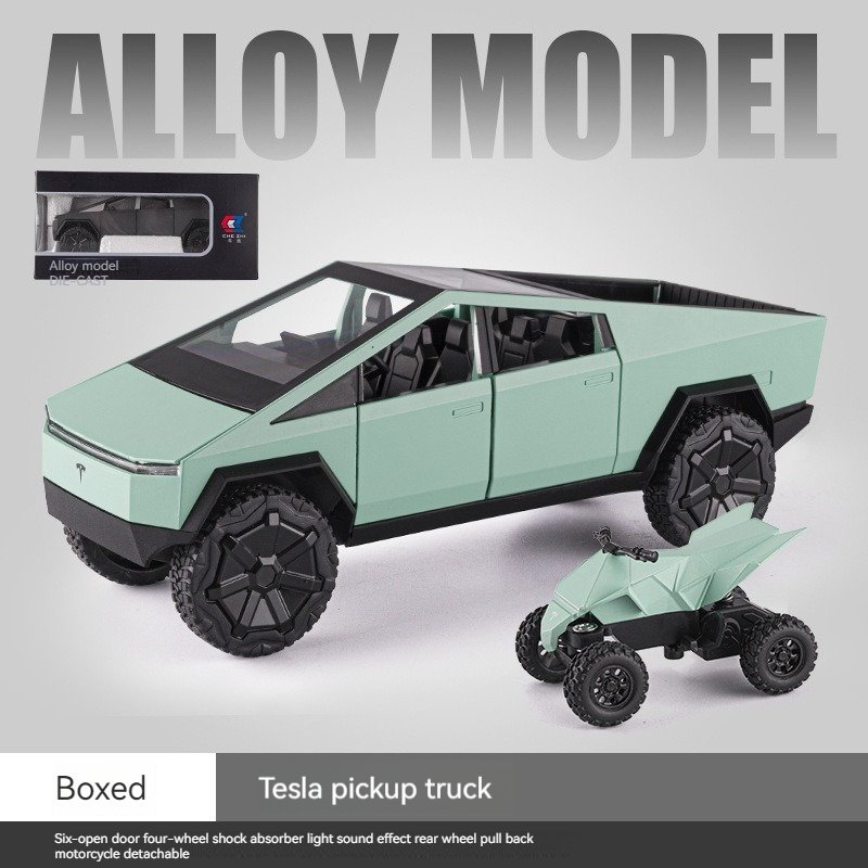 Diecast Alloy Model Car 1:24 T Cybertruck Pickup Alloy Car Model with Sound and Light Pullback with ATV Decorate Metal Model