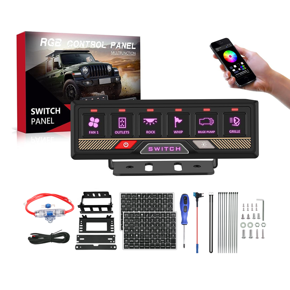 RGB 6 Gang Switch Panel 12V LED Auto Switches Automotive Light Circuit Relay System Control Box for Jeep UTV ATV Truck