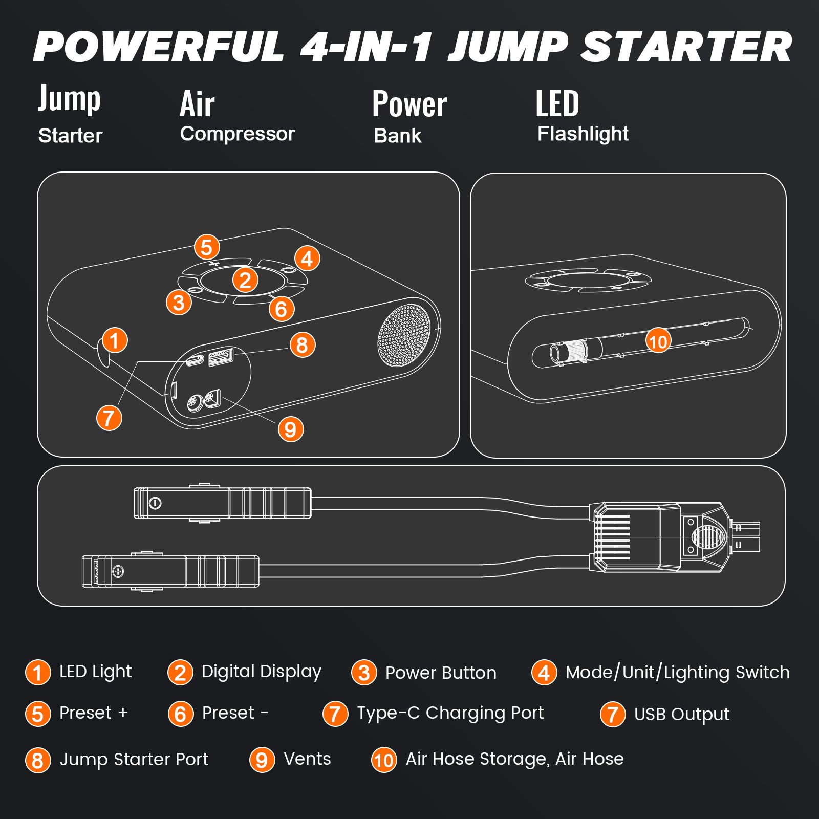 AKP-P200 Car Jump Portable Jumper Starter With air Compressor 2000A Emergency Battery Booster Charger