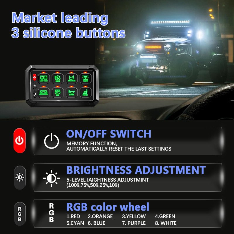 APP Bluetooth control off-road switch panel 12V 24V automatic dimmable RGB 8 gang switch panel for Car Truck UTV ATV Marine RV