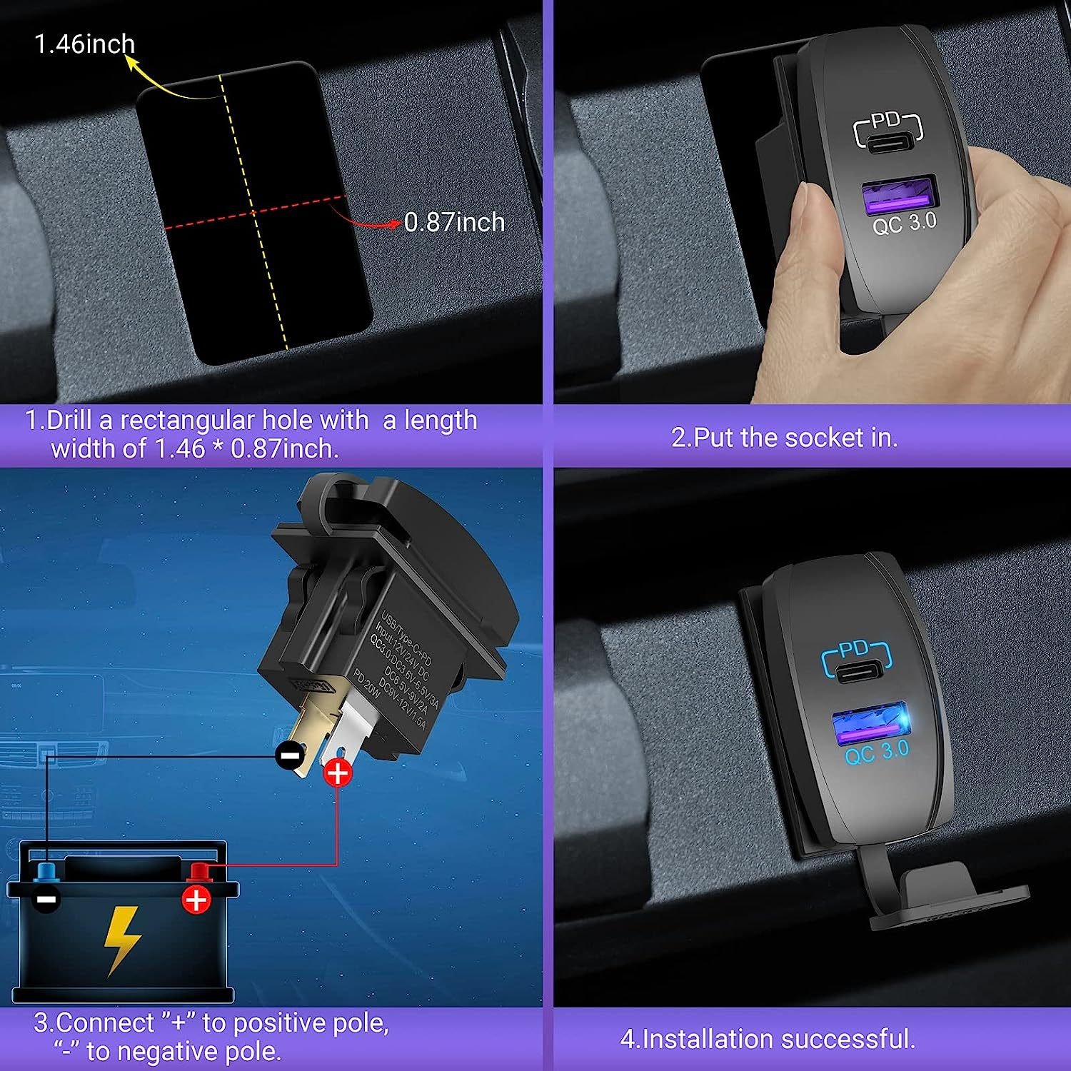 New Design Type C+QC3.0 Quick Charger for Car Motorcycle ATV Truck