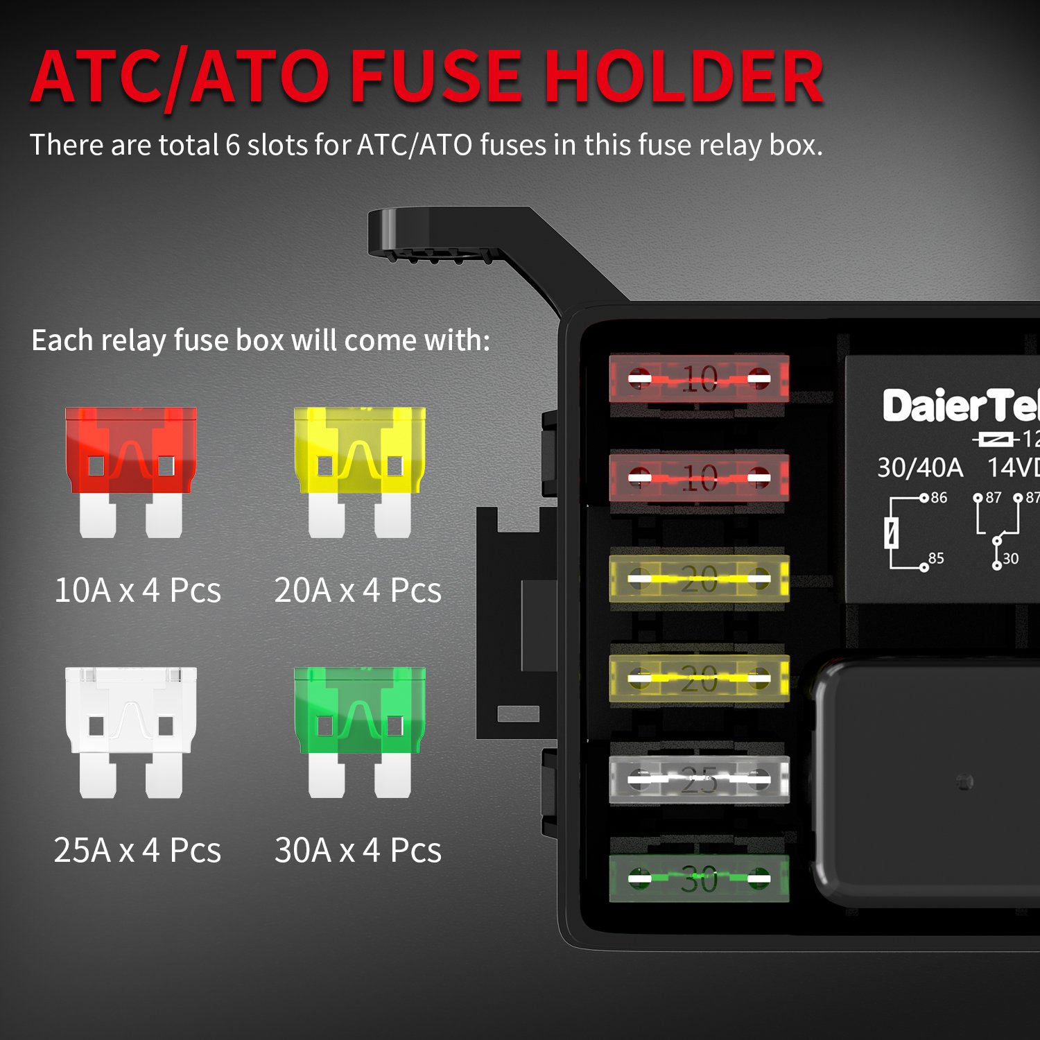 6 Way Auto Relays 12VDC Automotive Fuse Relay Block Panel 40A 4Pin & 5Pin Relays with Fuses and Terminals for Automotive Use