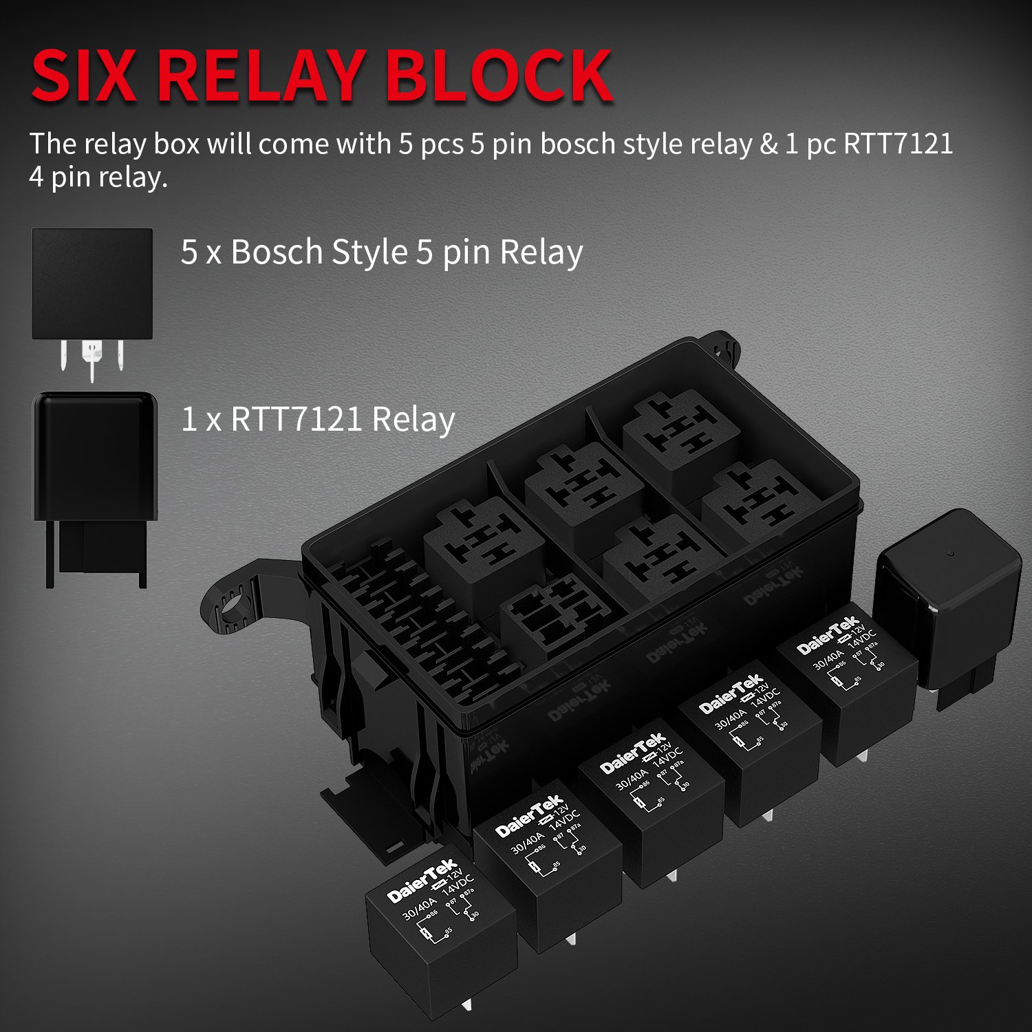 6 Way Auto Relays 12VDC Automotive Fuse Relay Block Panel 40A 4Pin & 5Pin Relays with Fuses and Terminals for Automotive Use