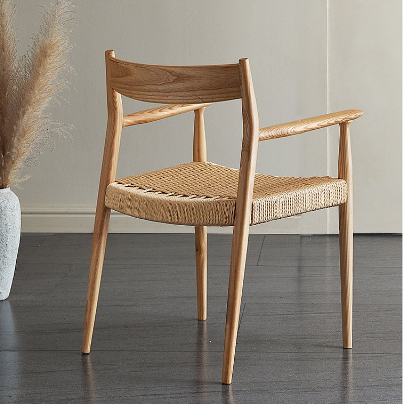 Modern and Simple Wabi-sabi B&B Hotel Living Room Solid Wood Rope Braided Dining Chairs Armrests Braided Rope Paddle Chairs