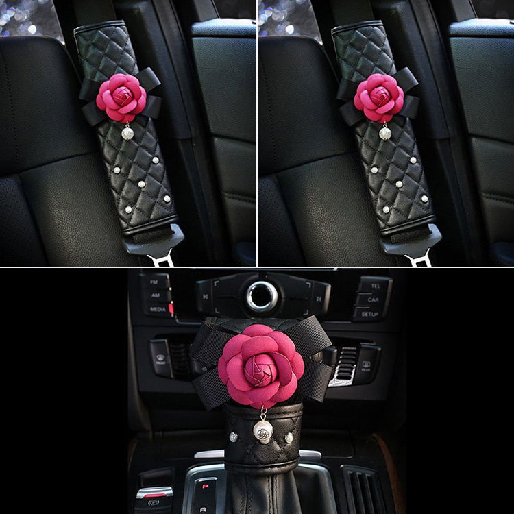 Women's Car Set Car Accessories Handbrake Gear Cover With Shoulder Guard Armrest Box Cushion Cover Rearview Mirror Cover