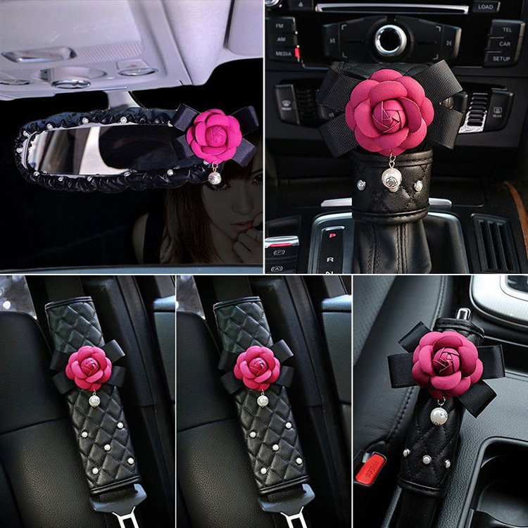 Women's Car Set Car Accessories Handbrake Gear Cover With Shoulder Guard Armrest Box Cushion Cover Rearview Mirror Cover