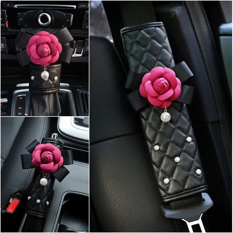 Women's Car Set Car Accessories Handbrake Gear Cover With Shoulder Guard Armrest Box Cushion Cover Rearview Mirror Cover