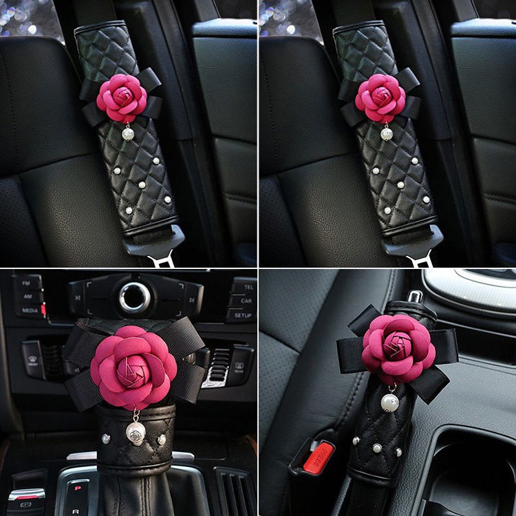 Women's Car Set Car Accessories Handbrake Gear Cover With Shoulder Guard Armrest Box Cushion Cover Rearview Mirror Cover
