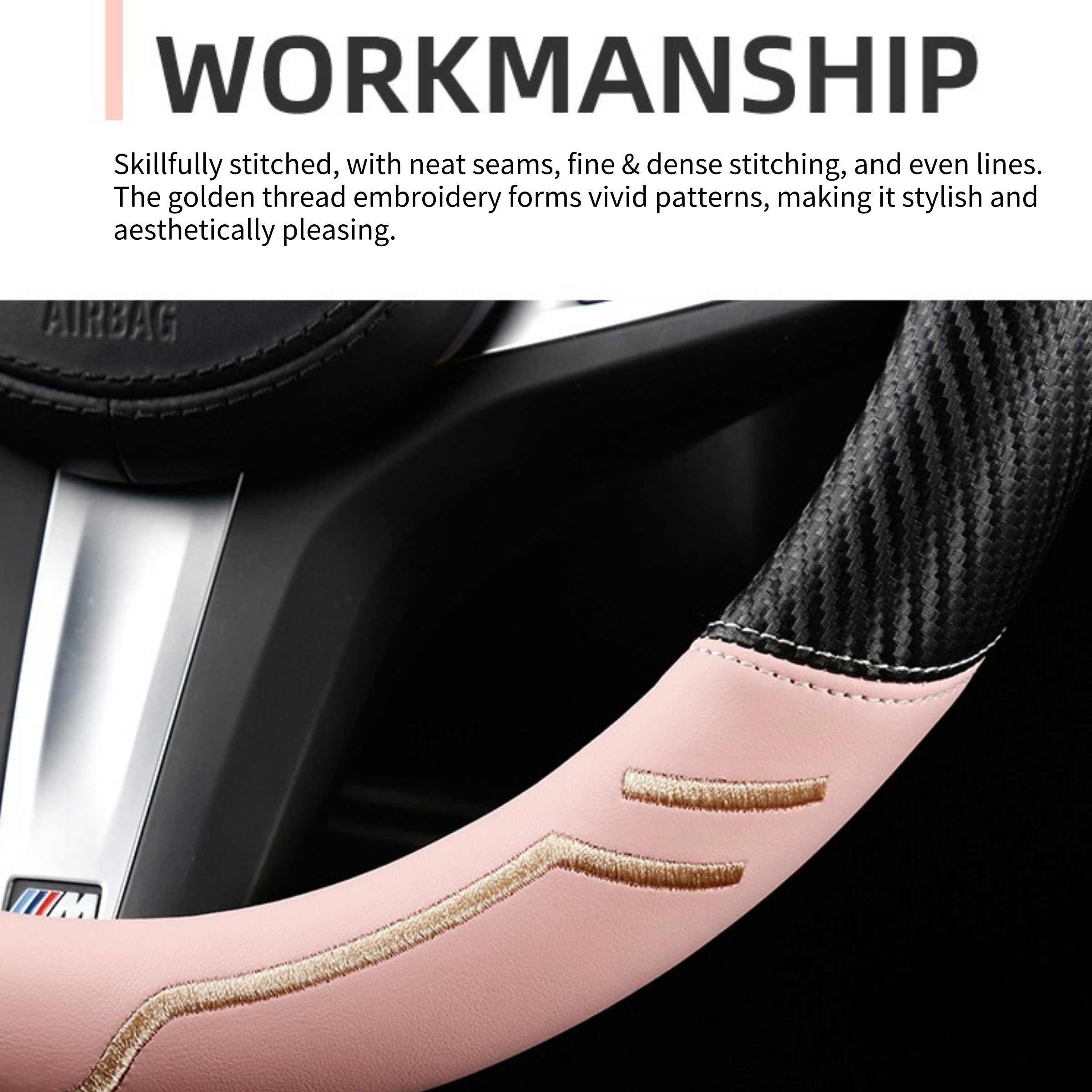KK Carbon Fiber join Microfiber leather Car Steering Wheel Cover Universal 15 inch Anti Slip Fit for Most Car Trucks SUV