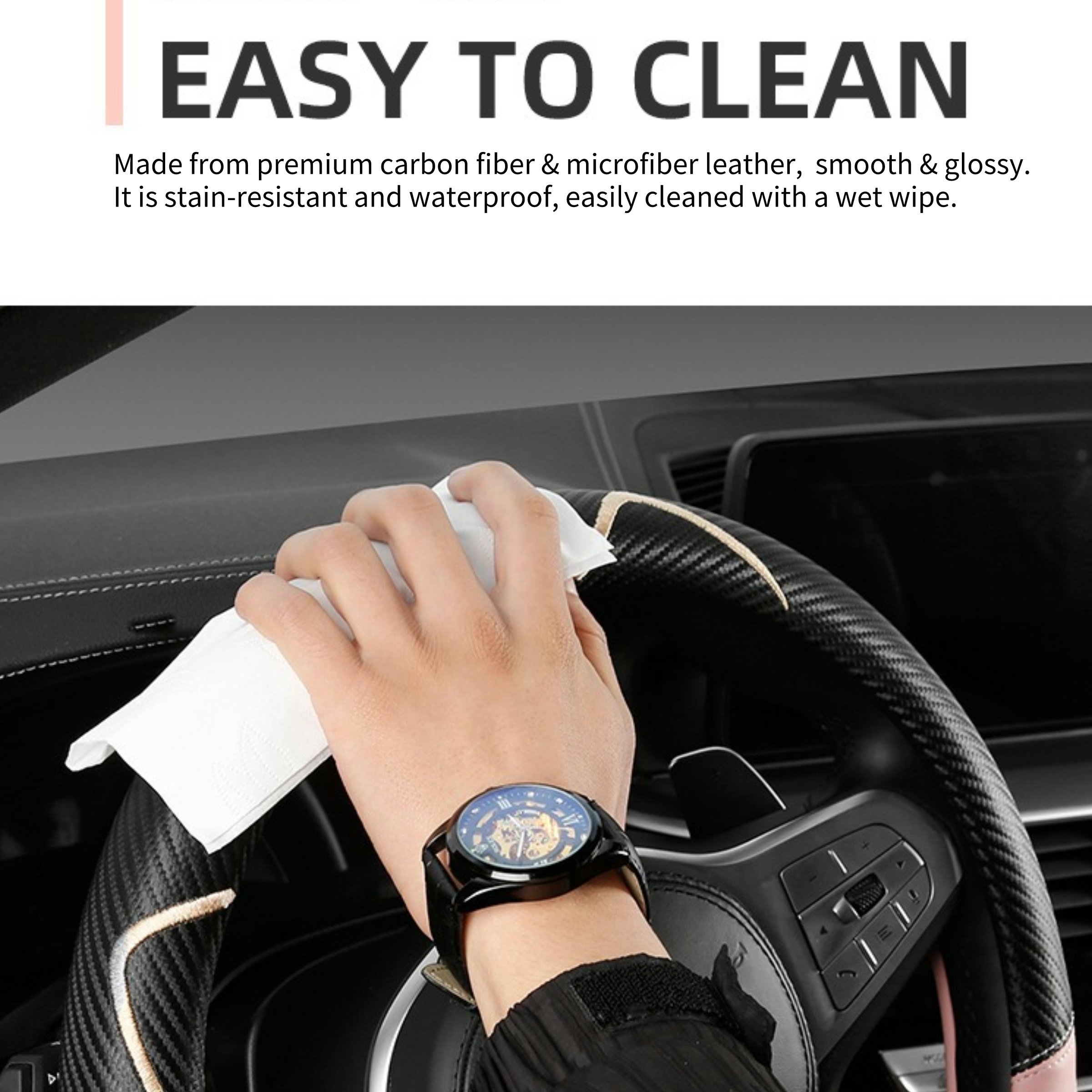 KK Carbon Fiber join Microfiber leather Car Steering Wheel Cover Universal 15 inch Anti Slip Fit for Most Car Trucks SUV