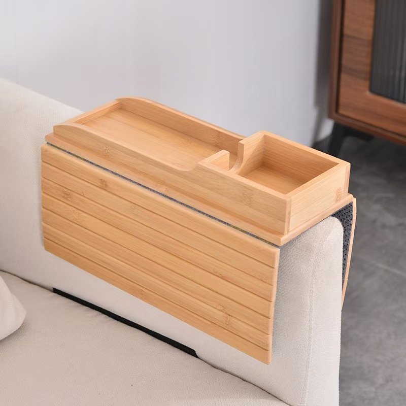 Bamboo Sofa Armrest Tray Anti-Slip Wood Arm Table with Detachable Cup Holder for Serving Food or Drinks