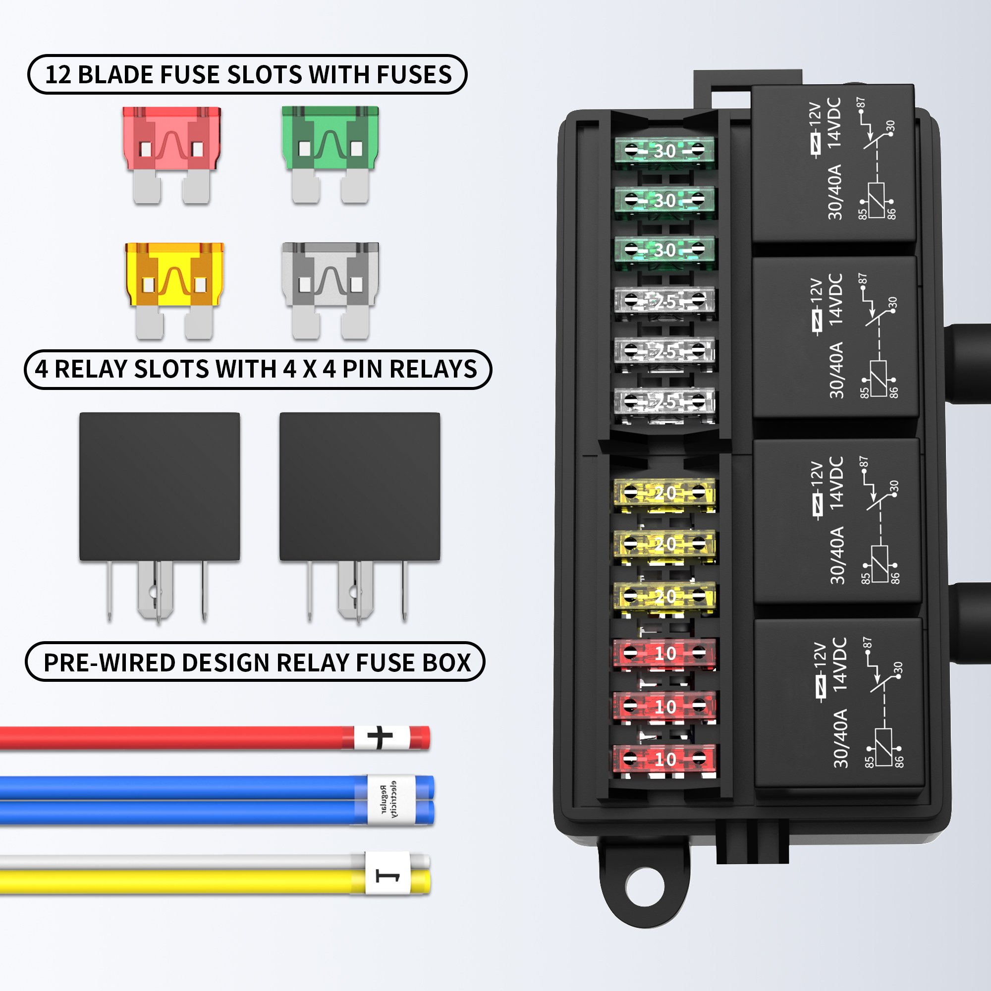 4 Pin 12 Way Auto Fuse Relay Box Pre-Wired Fuse Relay Box Holder 12V ATC/ATO Relay Fuse Holder for Car
